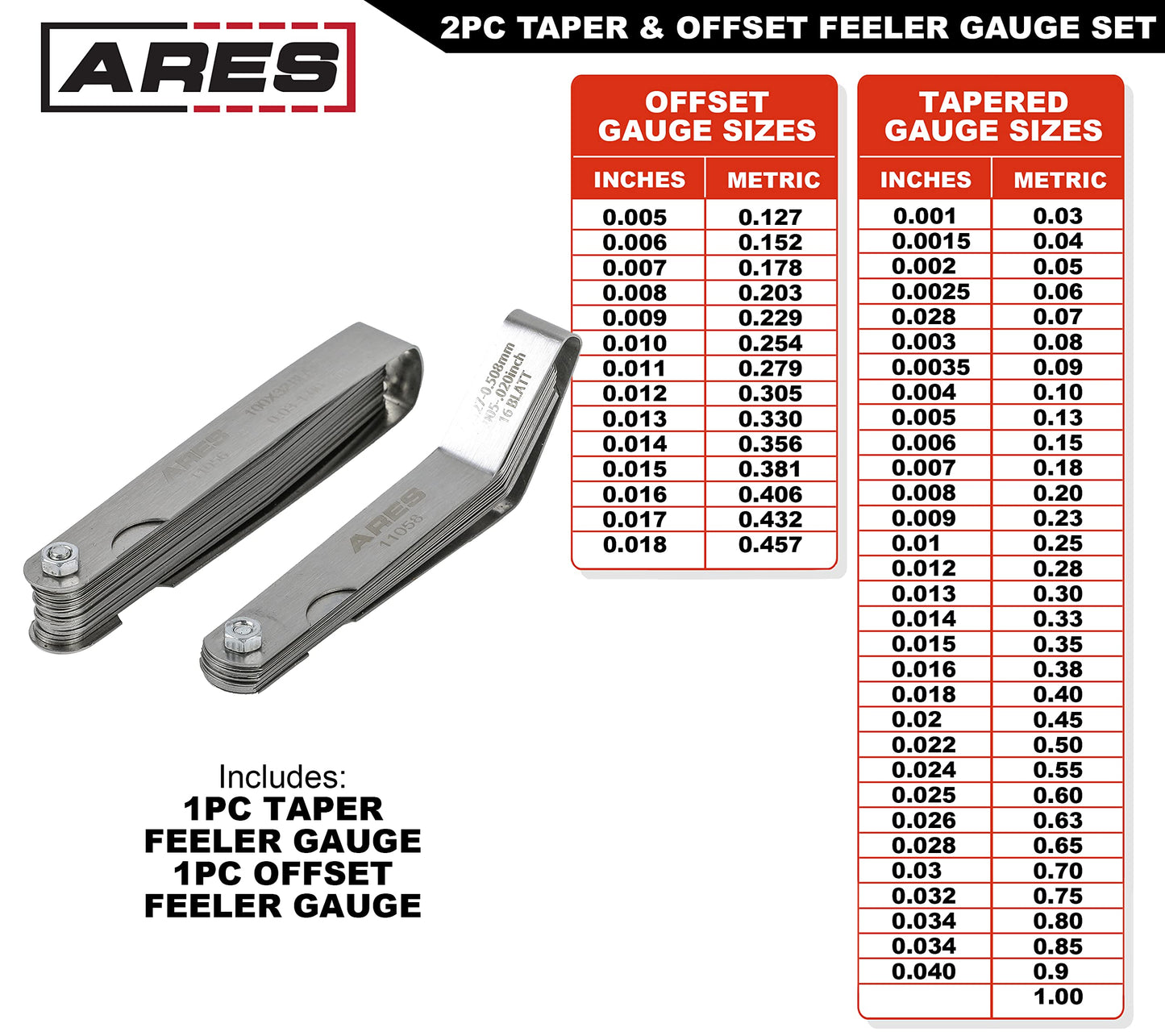ARES 11042-Juego de 2 calibradores cónicos y sensores de compensación tiene 32 tamaños SAE y métricos de doble marca – El desplazamiento tiene 16 tamaños de doble marca – Mide con precisión las