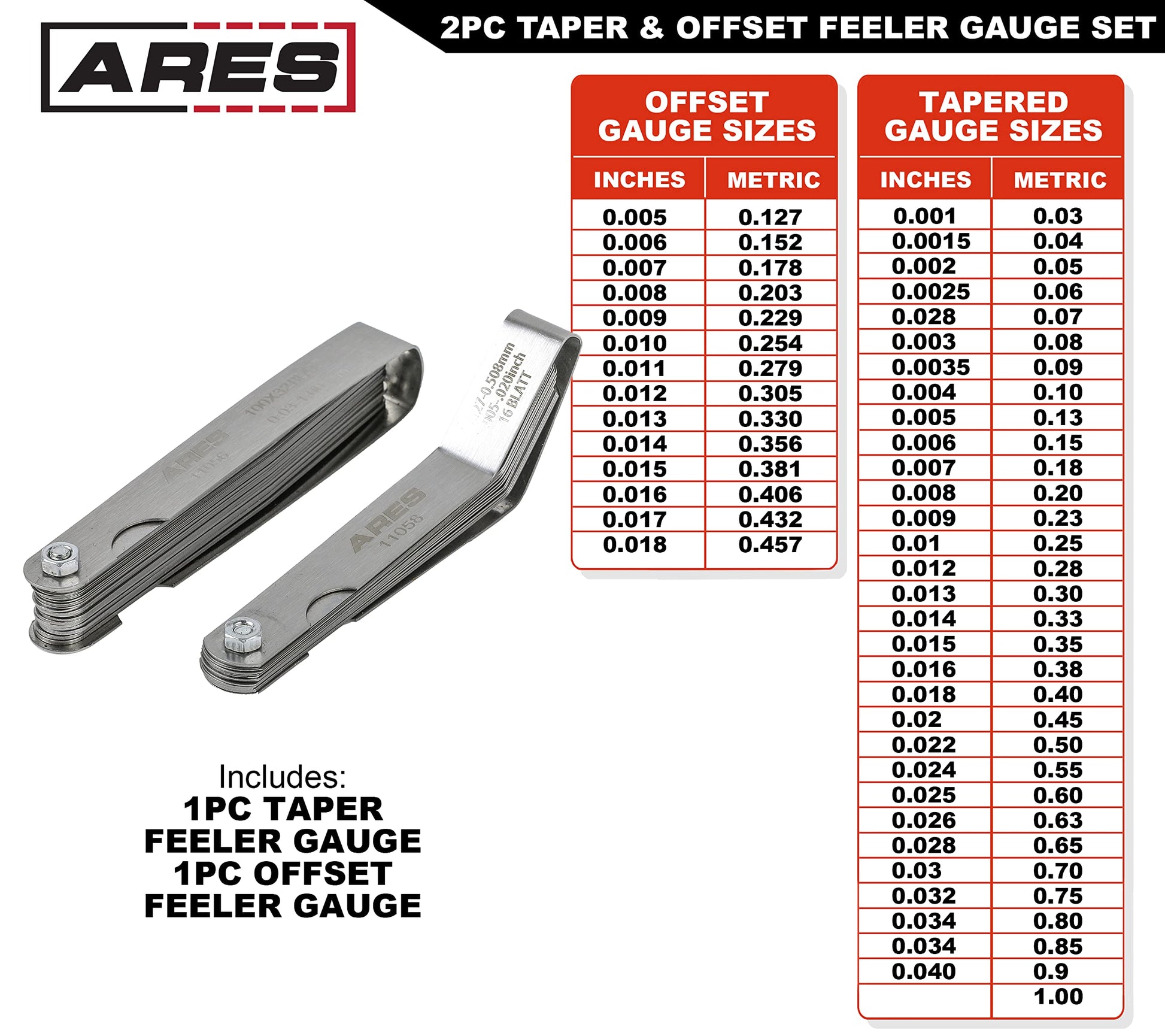 ARES 11042-Juego de 2 calibradores cónicos y sensores de compensación tiene 32 tamaños SAE y métricos de doble marca – El desplazamiento tiene 16 tamaños de doble marca – Mide con precisión las
