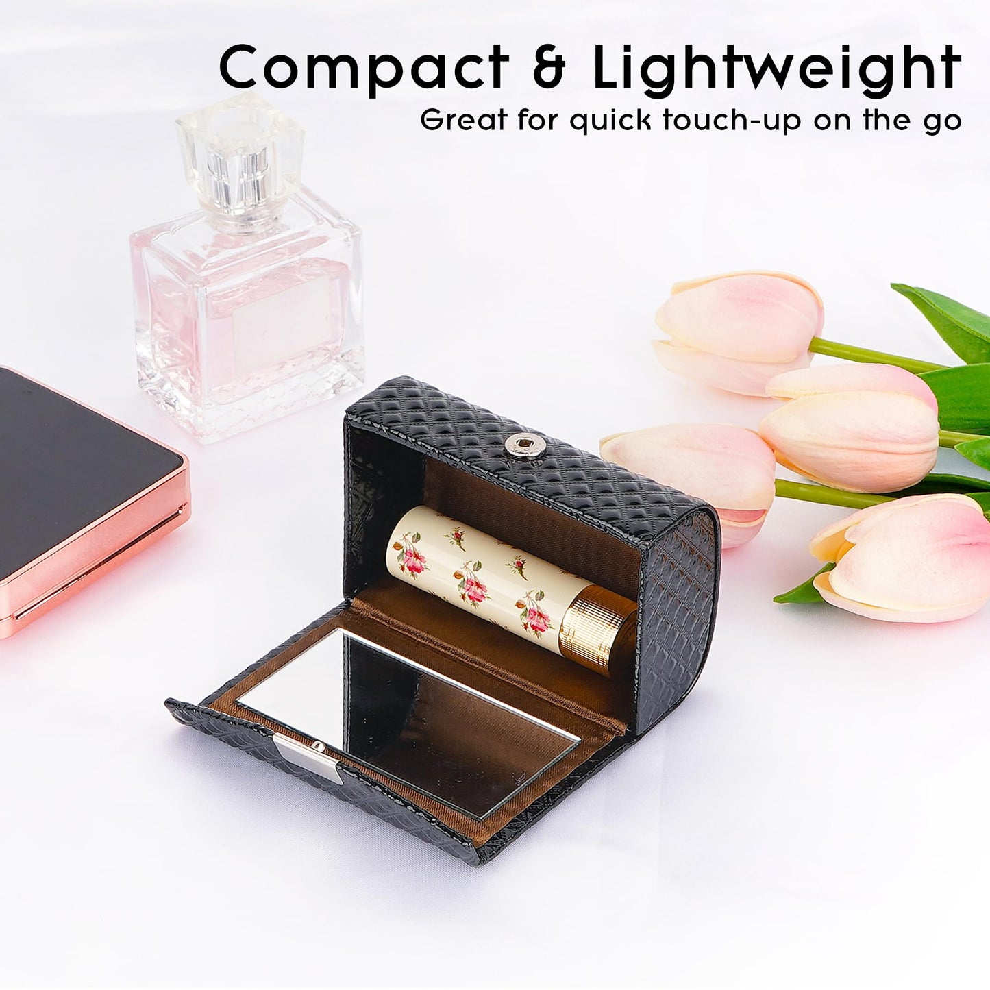 BUNCHBRAVO - Estuche para lápiz labial para 2 tubos, patrón de diamante, soporte para lápiz labial de piel vegano con espejo para retocar, organizador de maquillaje de viaje con cierre a presión