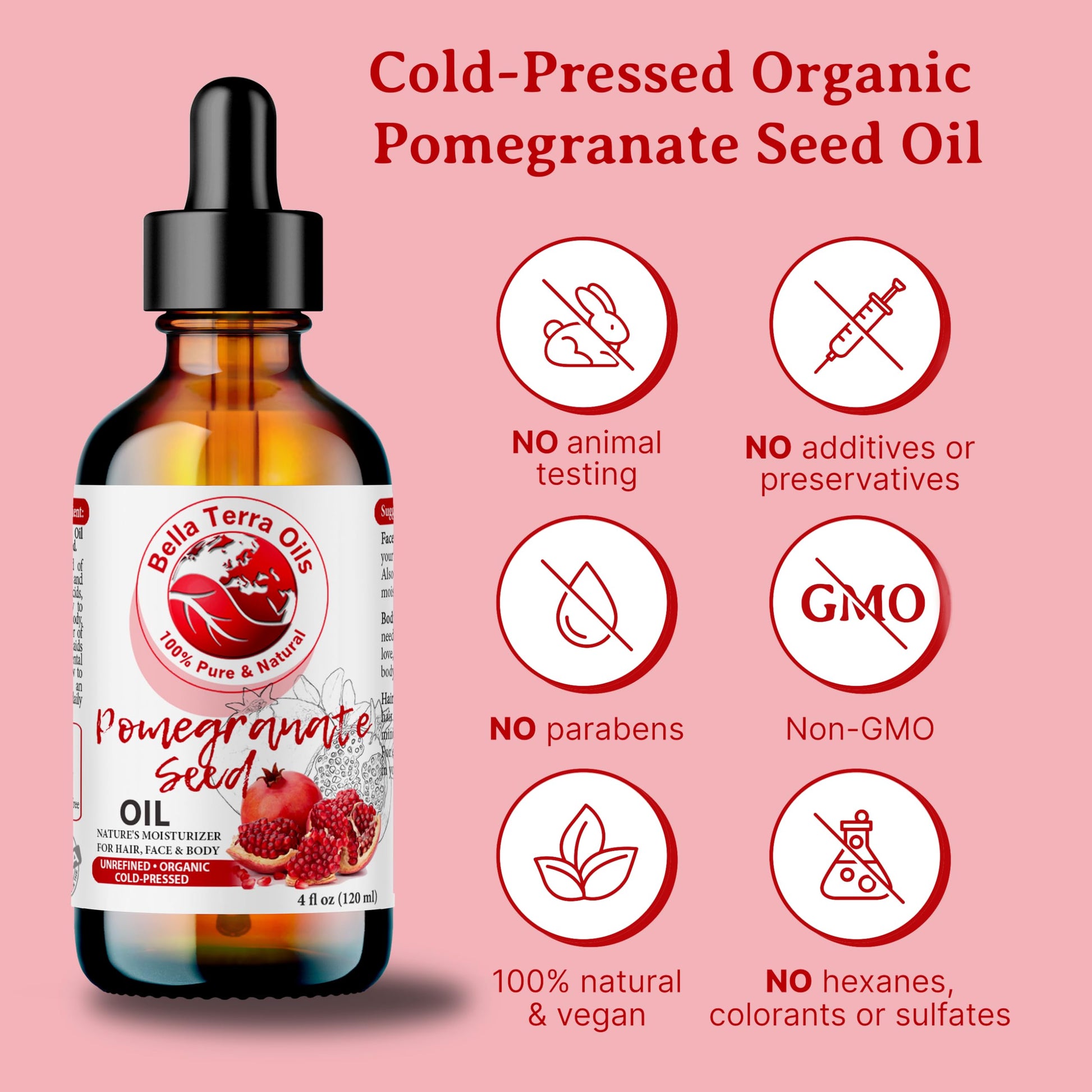 NEW Pomegranate Seed Oil. 16oz. Cold-pressed. Unrefined. Organic. 100% Pure. Rich in Antioxidants. Hexane-free. Rejuvenates Skin. Softens Hair. Natural Moisturizer. For Hair, Skin, Stretch Marks.