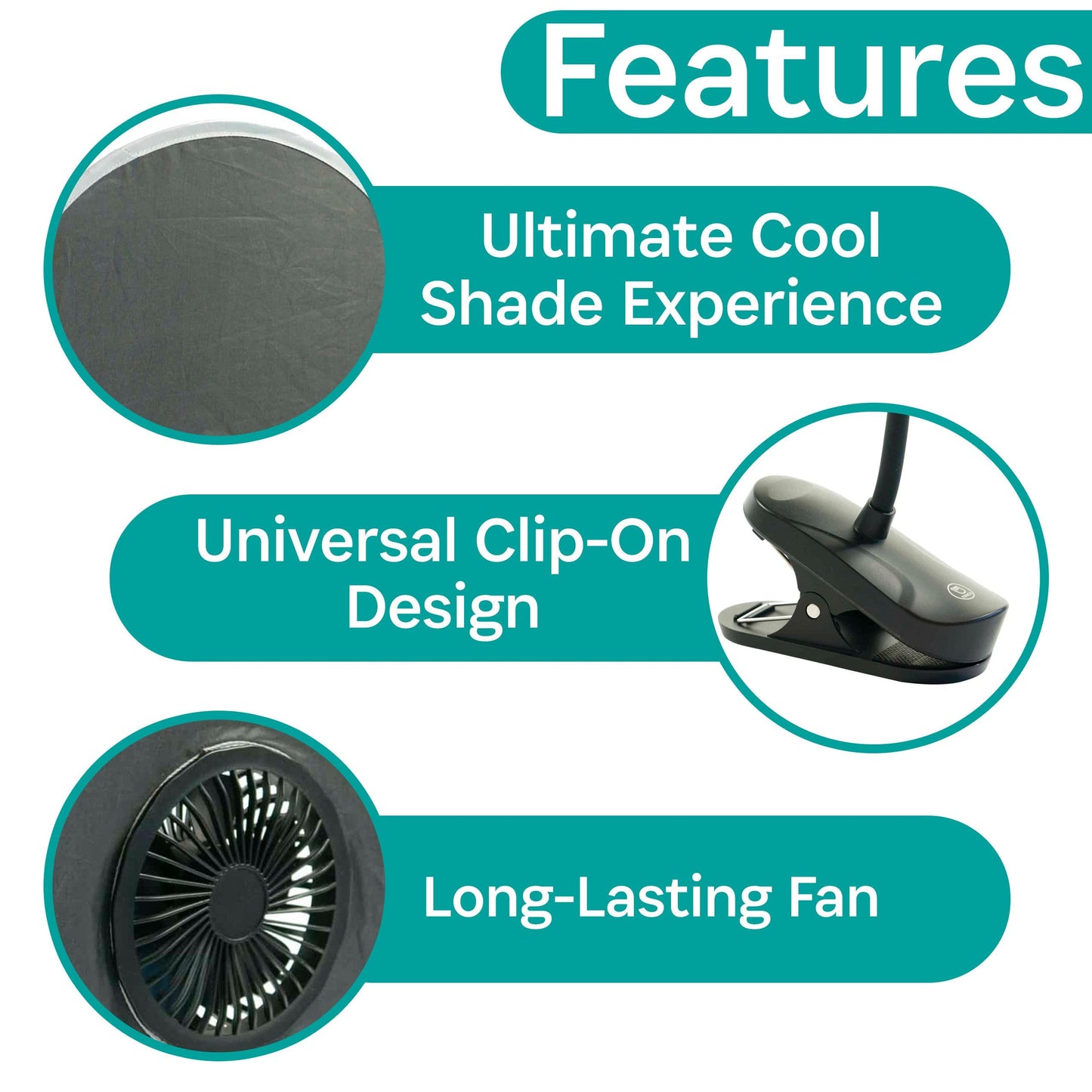 carriola para bebé con parasol, asiento de coche, silla de playa – Cool Shade UPF50 Clip On Baby Infant, protección solar, recargable