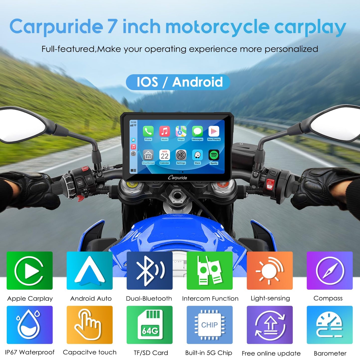 Carpuride W702PRO - visualización de navegación GPS impermeable de 7 pulgadas para motocicleta, intercambio de música, intercomunicador, ecualizador, sensor de luz, brújula, barómetro