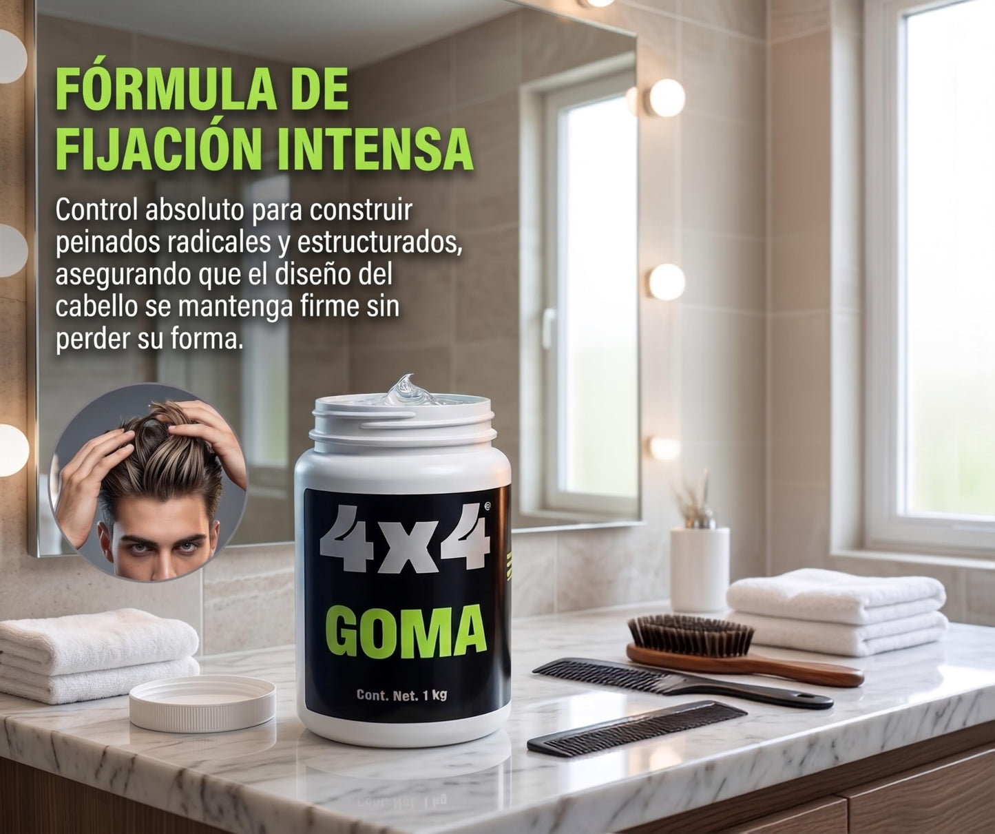 4x4 Profesional Goma para Cabello, Gel de Fijación Intensa para Peinados Radicales, Larga Duración, Tamaño Barbería 1 kg