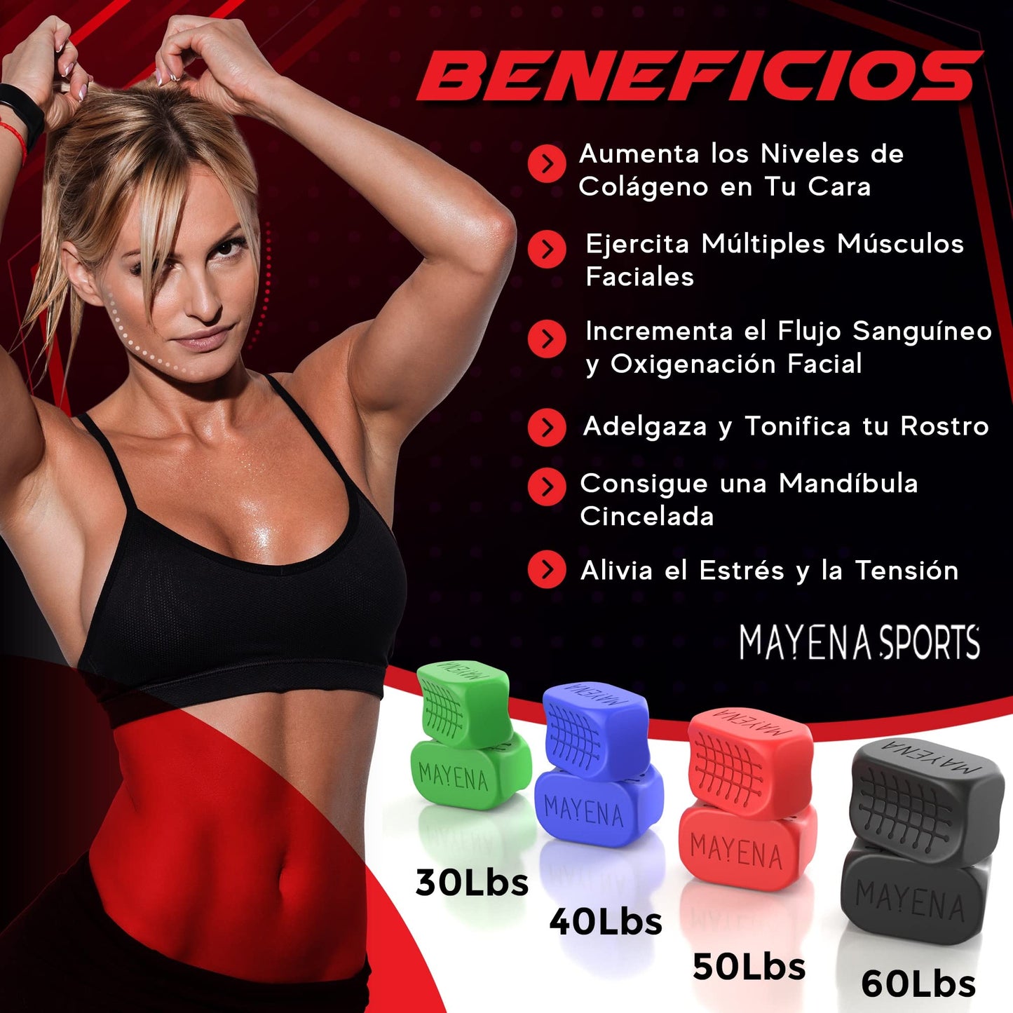 Ejercitador de mandíbula para hombres y mujeres de Mayena Sports - 4 niveles de resistencia (8 piezas) Tabletas de silicona para ejercitar la mandíbula - Potente entrenador de mandíbula y ejercitador facial para usuarios de todos los niveles - Adelgaza y