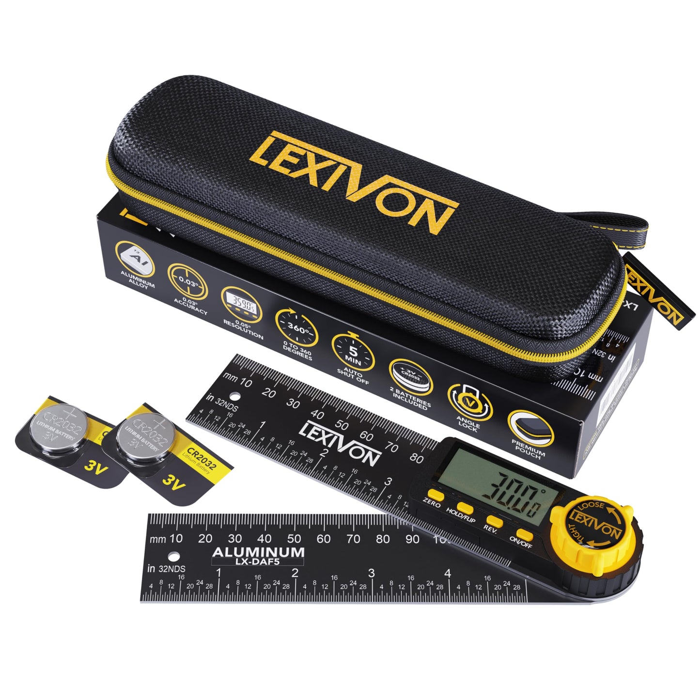 LEXIVON - Indicador digital de ángulo de aluminio, transportador multiusos de 130 mm, incluye visualización XL y bolsa resistente con cierre (LX-DAF5)