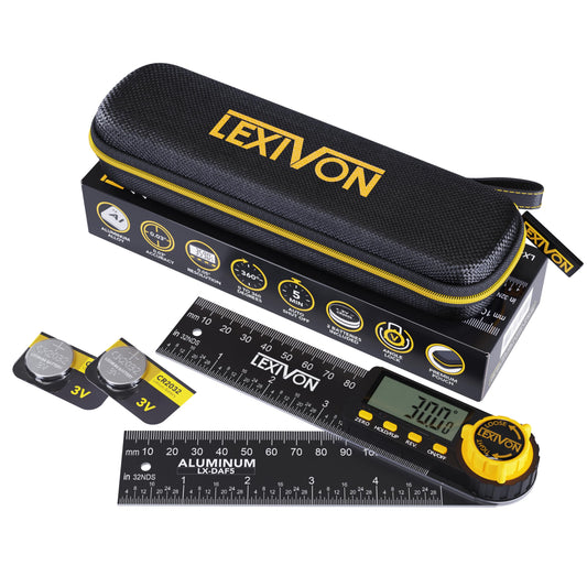 LEXIVON - Indicador digital de ángulo de aluminio, transportador multiusos de 130 mm, incluye visualización XL y bolsa resistente con cierre (LX-DAF5)