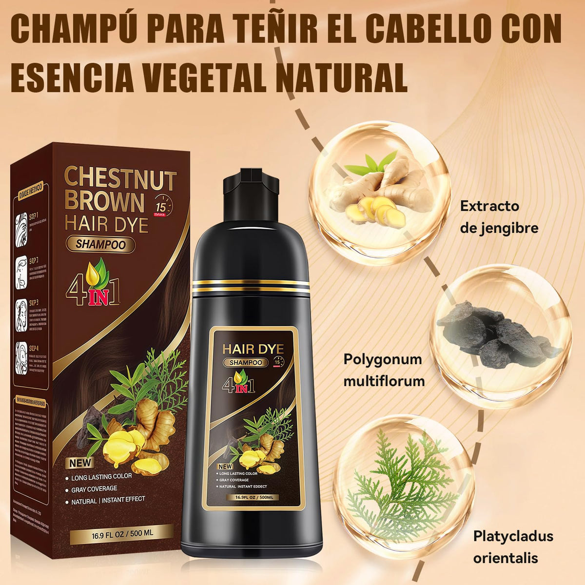 Marrón Castaño Hair Dye Shampoo, Shampoo Hair Dye, Champú Tinte Instantáneo 4 En 1, Suave y delicado, Cobertura de Canas, larga duración, Adecuado Para HombresY mujeres(Marrón castaño)