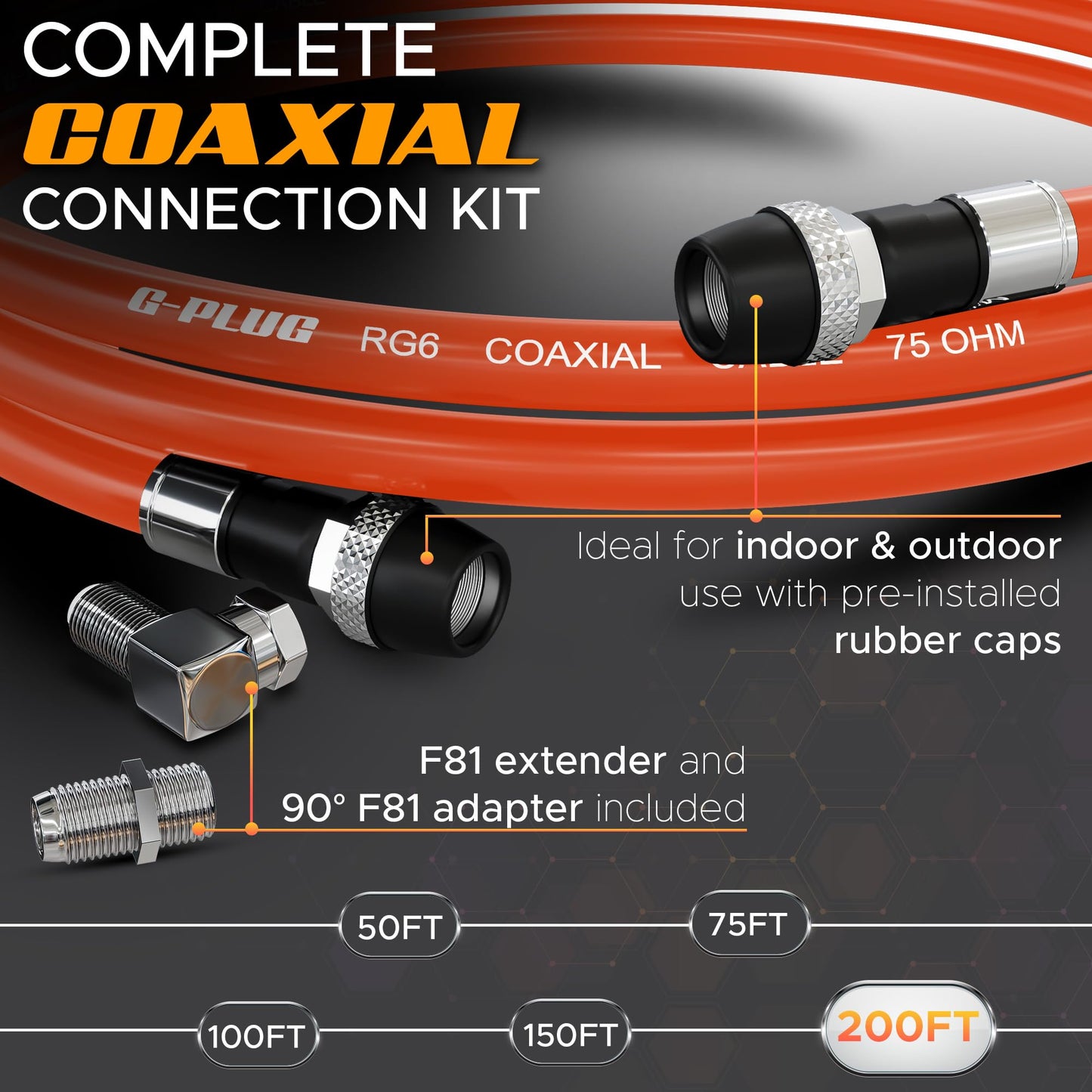 G-PLUG Cable Coaxial RG6 75 Ohm, Triple Blindaje, Impermeable, Conectores F Tipo Macho a Macho, Cable Antena TV, Satelital e Internet Banda Ancha, Incluye Acoplador F81, Naranja
