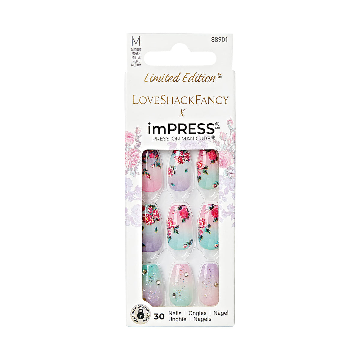 imPRESS Kiss Loveshackfancy X Press-On Manicure Edición Limitada, Estilo “Lilac Crush” Medium Coffin Purple Press-On Uñas, Incluye Almohadilla de Preparación, Mini Lima de Uñas, Palo de Cutícula y 30