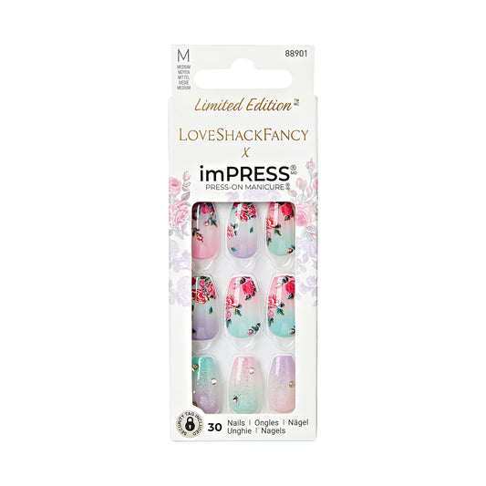 imPRESS Kiss Loveshackfancy X Press-On Manicure Edición Limitada, Estilo “Lilac Crush” Medium Coffin Purple Press-On Uñas, Incluye Almohadilla de Preparación, Mini Lima de Uñas, Palo de Cutícula y 30
