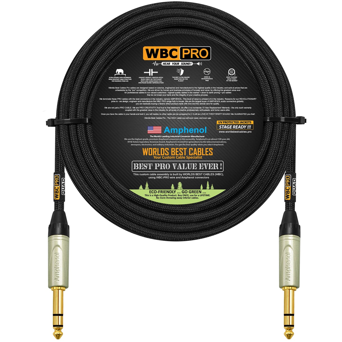 Cable Star-Quad WBC-PRO Negro Ultra Silencioso de 125 Pies con Conectores Amphenol Dorados