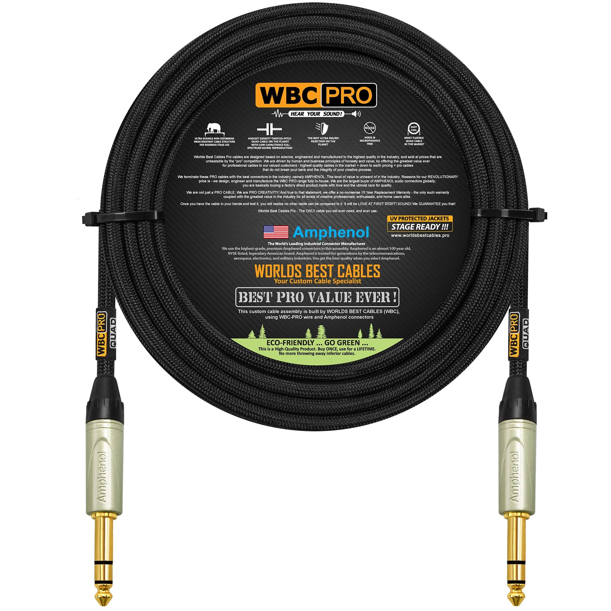 Cable Star-Quad WBC-PRO Negro Ultra Silencioso de 125 Pies con Conectores Amphenol Dorados
