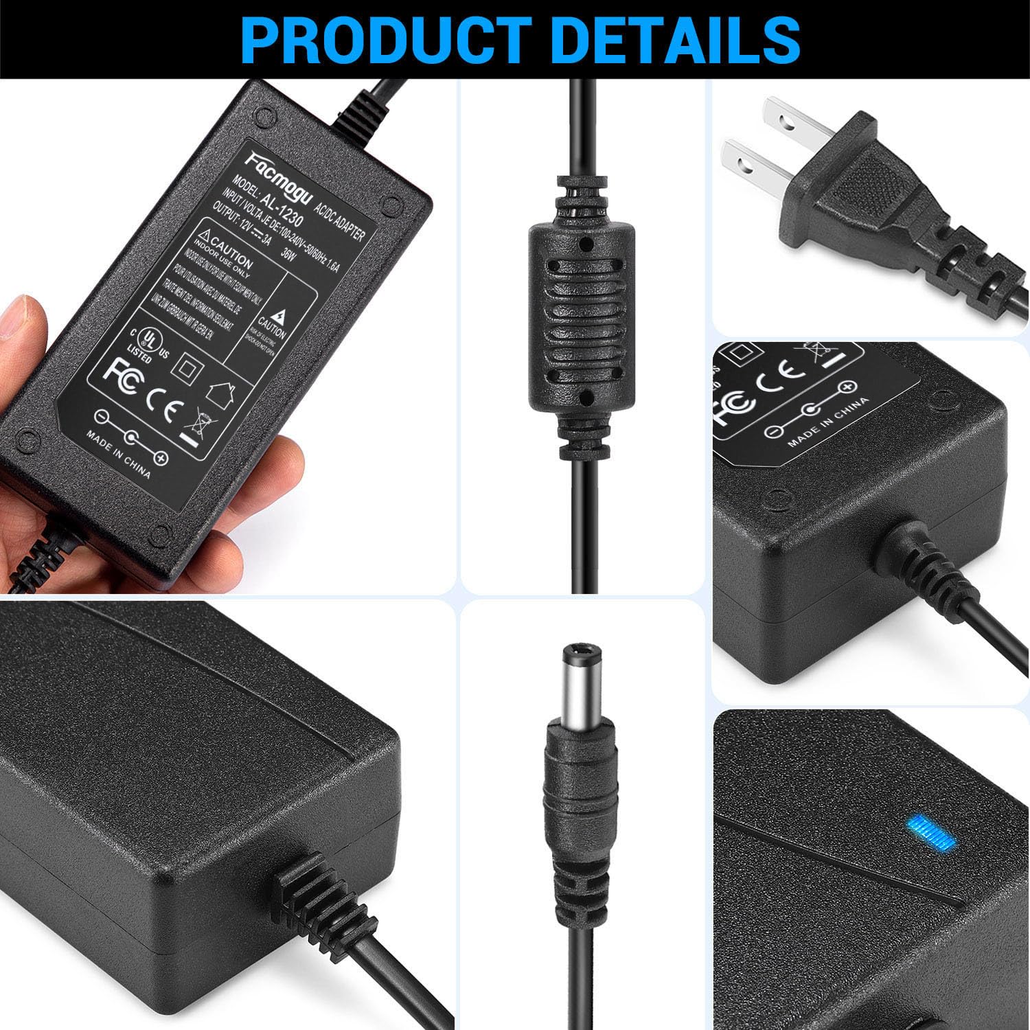 DC 12V 3A Power Adapter, 36 Watt AC 100-240V to DC 12Volt Transformers, Switching Power Supply for LED Strip Light, Camera, Wireless Router 2.1mm X 5.5mm US Plug