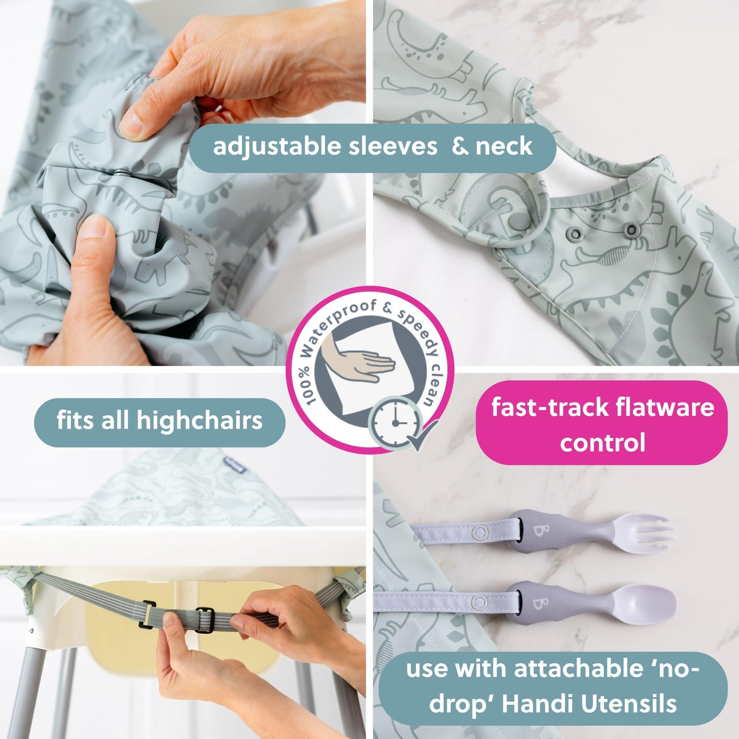 Bibado Baberos para bebé con mangas – Babero de destete LED para niños pequeños y bebés, 6-36 meses, se fija a sillas altas, cochecitos, mesas, Rugido de Dino, One Size