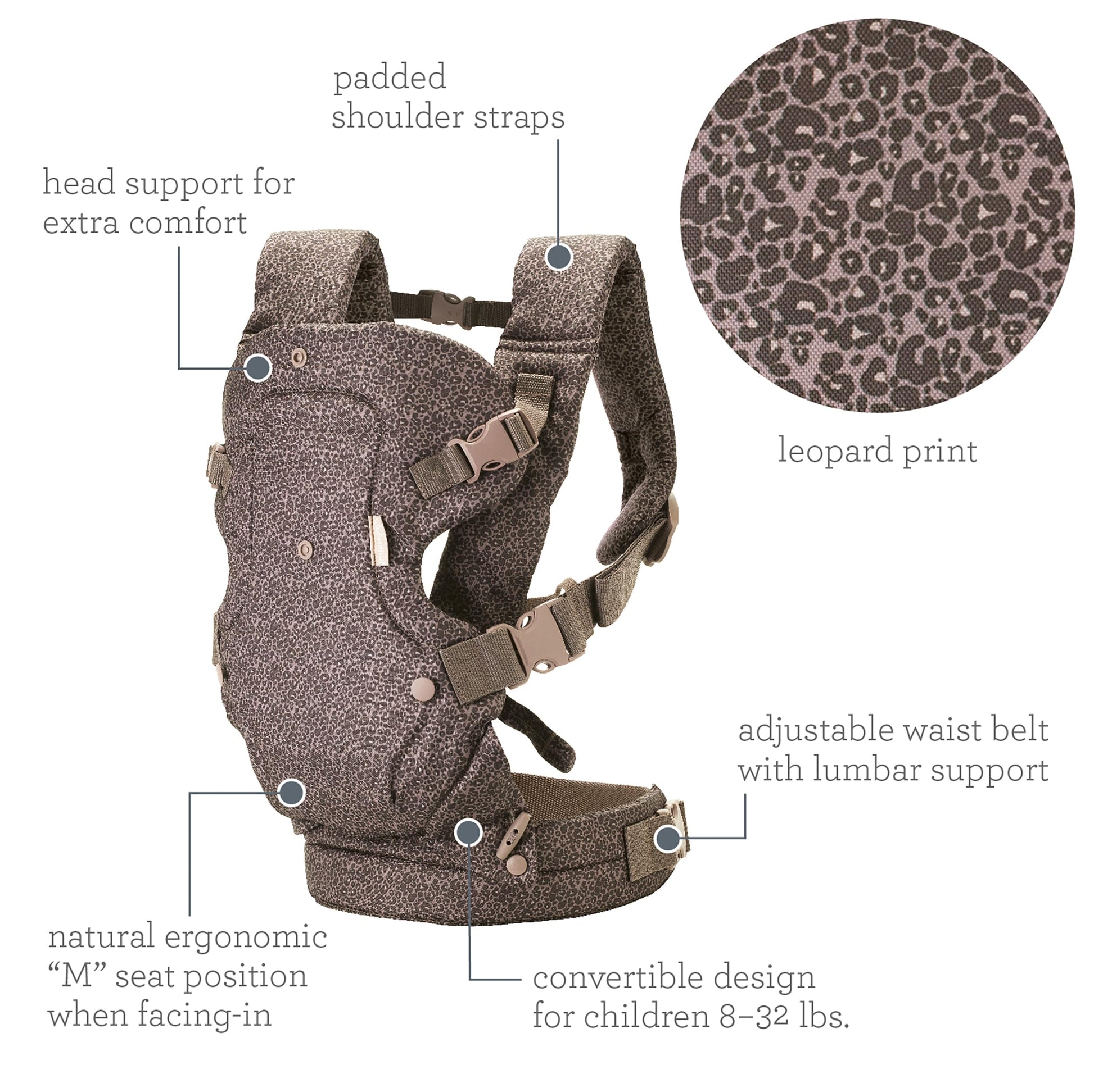 Infantino Flip Advanced Portabebés 4 en 1 – Ergonómico, Convertible, frontal y frontal hacia fuera Portabebés delantero y trasero para recién nacidos a niños pequeños 8-35 libras, leopardo