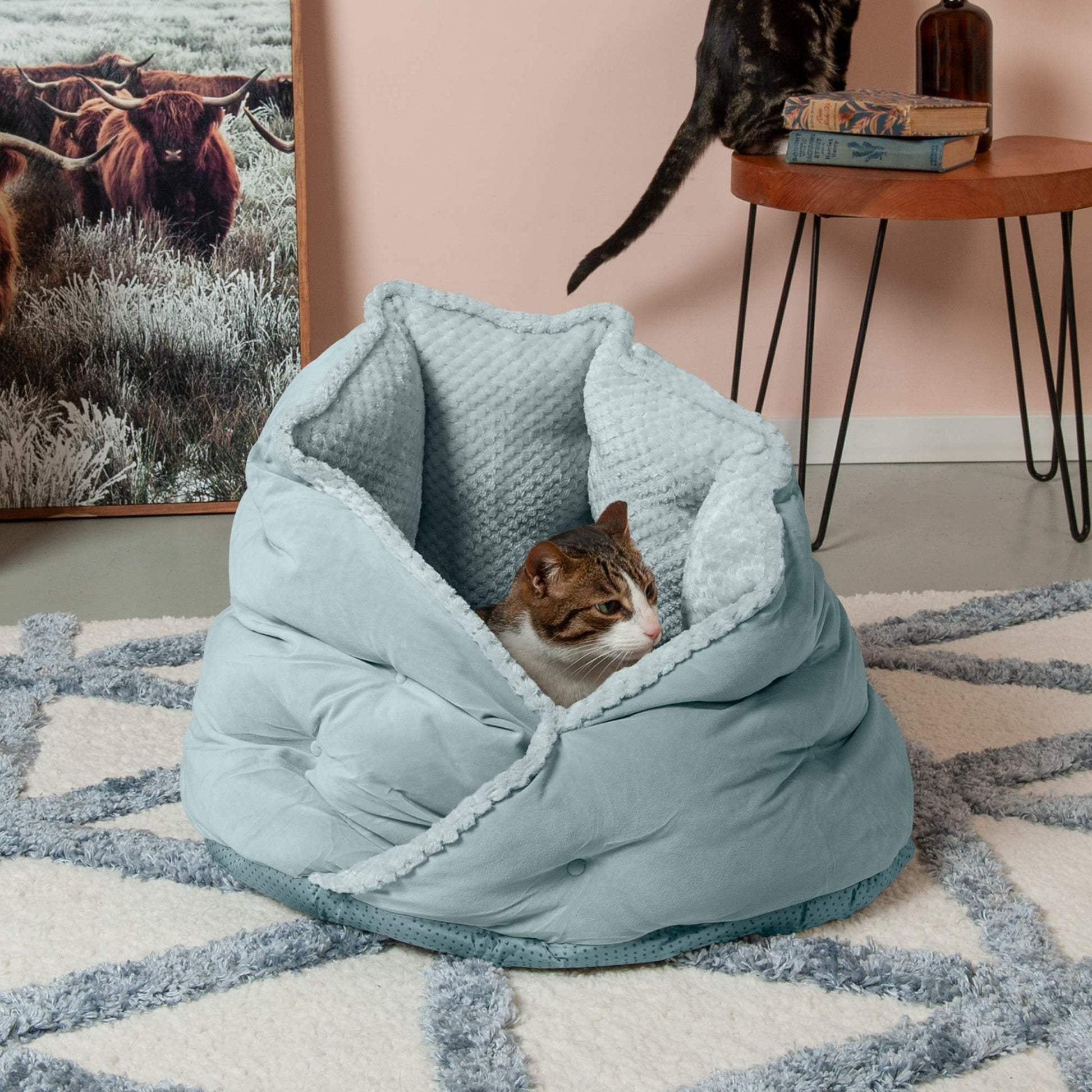 Furhaven 24" Round Medium Dog Bed Minky Plush & Velvet Calming Hug Nest, Washable - Aquamarine, 24-Inch