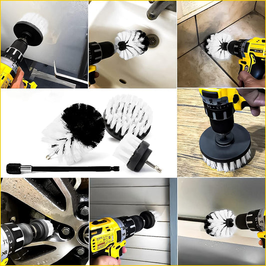 MAJOR WHEEL Kit de Cepillos para Taladro (Rigidez Suave) | 4 Piezas + Extensión, Limpieza de Tapicería y Telas en Detallado Automotriz