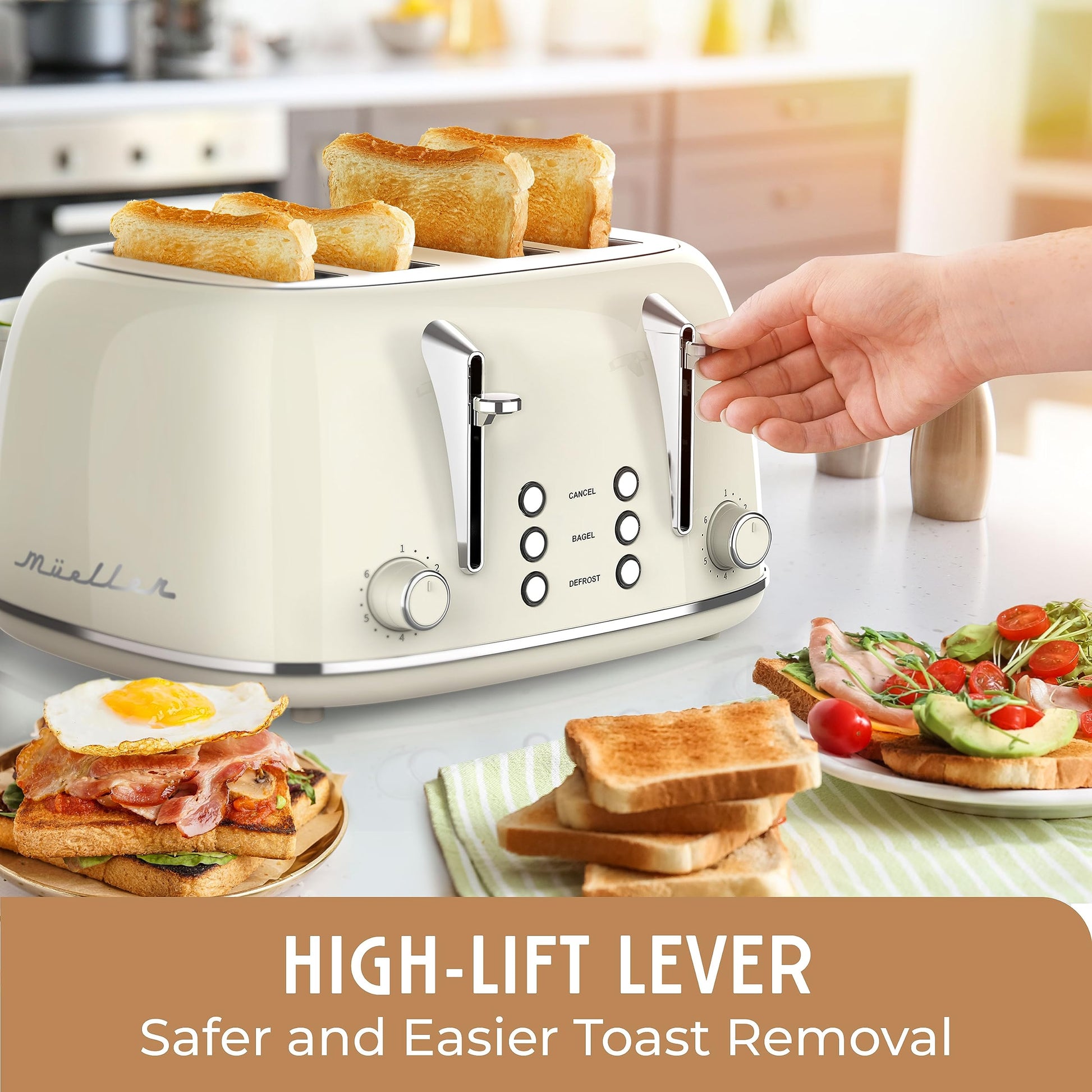 Mueller Retro Toaster 4 Slice with Extra Wide Slots Bagel, Defrost, and Cancel Function, 6 Browning Levels, Dual Independent Controls, Removable Crumb Tray and High Lift Levers, Pink