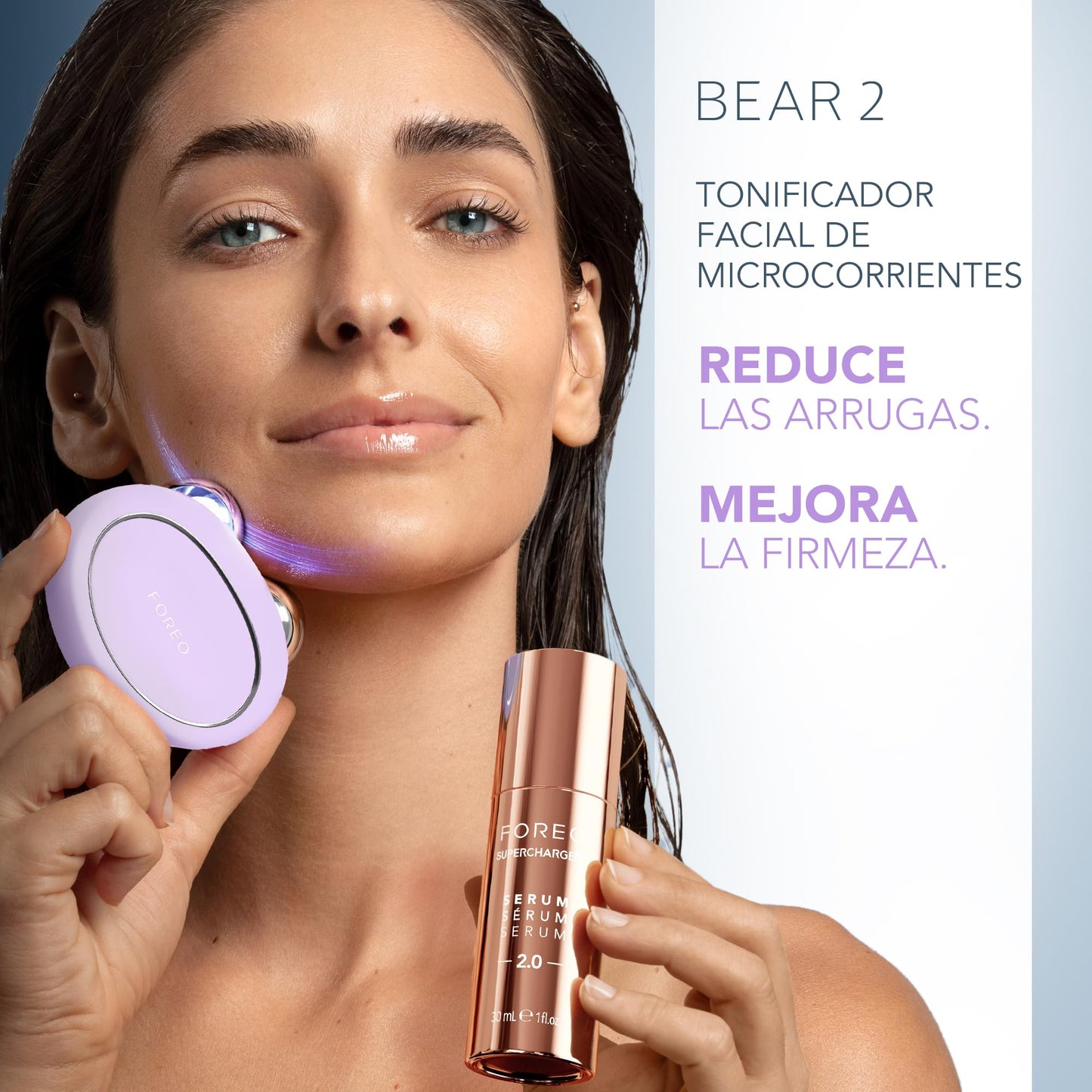 FOREO Set Glow & Tone – BEAR 2 dispositivo facial con microcorriente + SÉRUM 2.0 30 ml + Crema hidratante triple acción HA+PGA 50 ml – Lavender