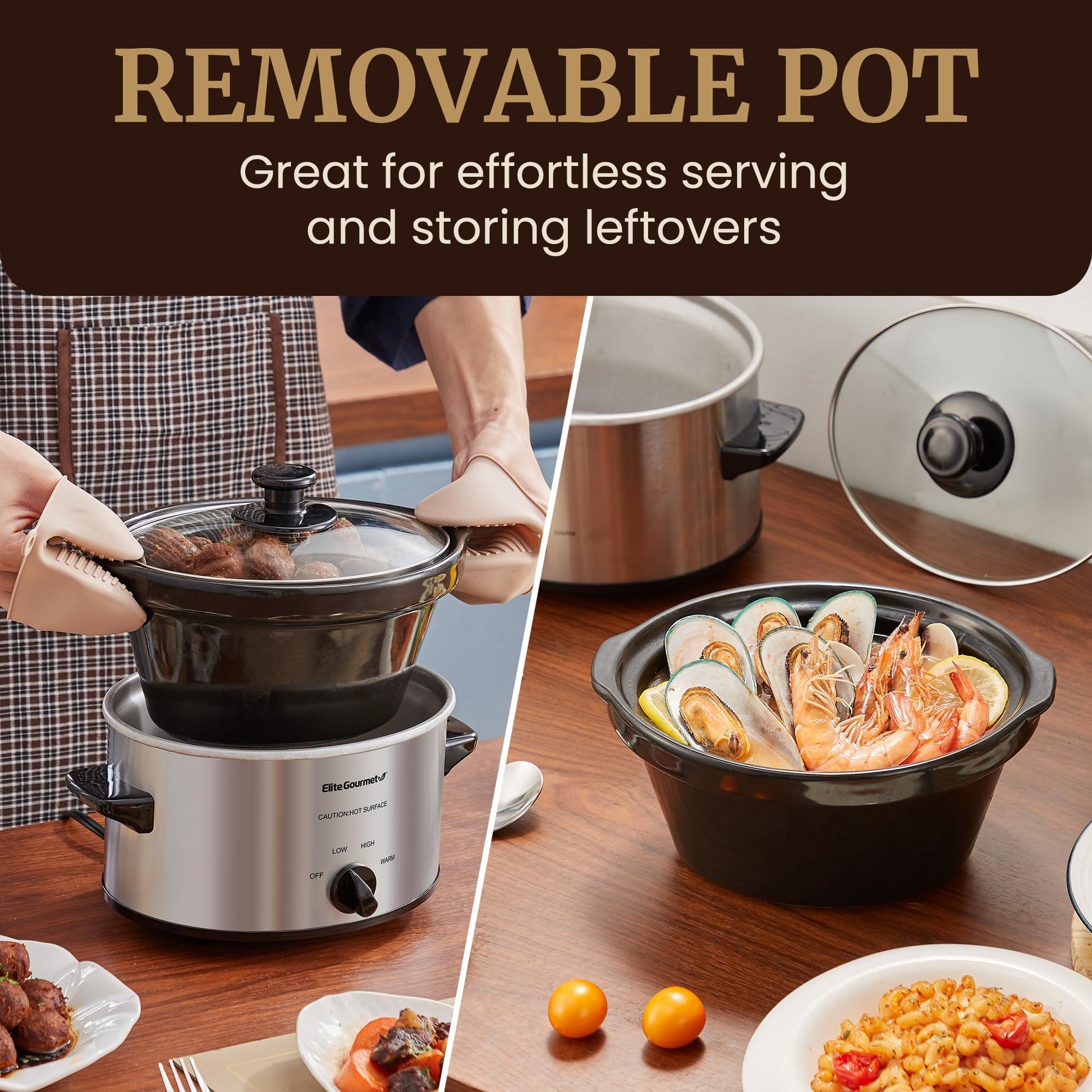 Elite Gourmet - Olla de cocción lenta ovalada eléctrica, 2 cuartos, acero inoxidable