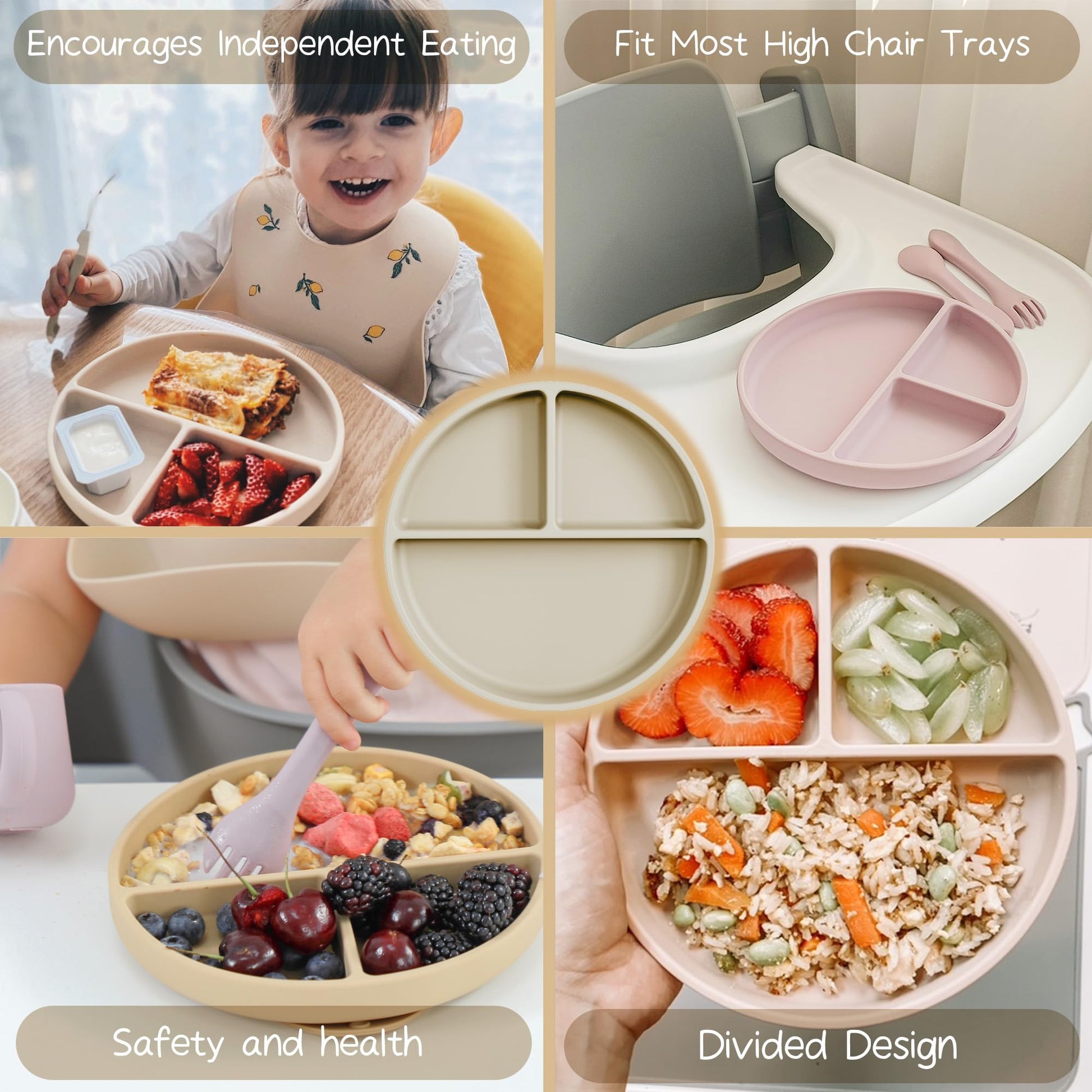 Platos de Succión Moonkie Menta Salvia Gris Lunar Diseño Dividido para Niños 100 % Silicona sin BPA