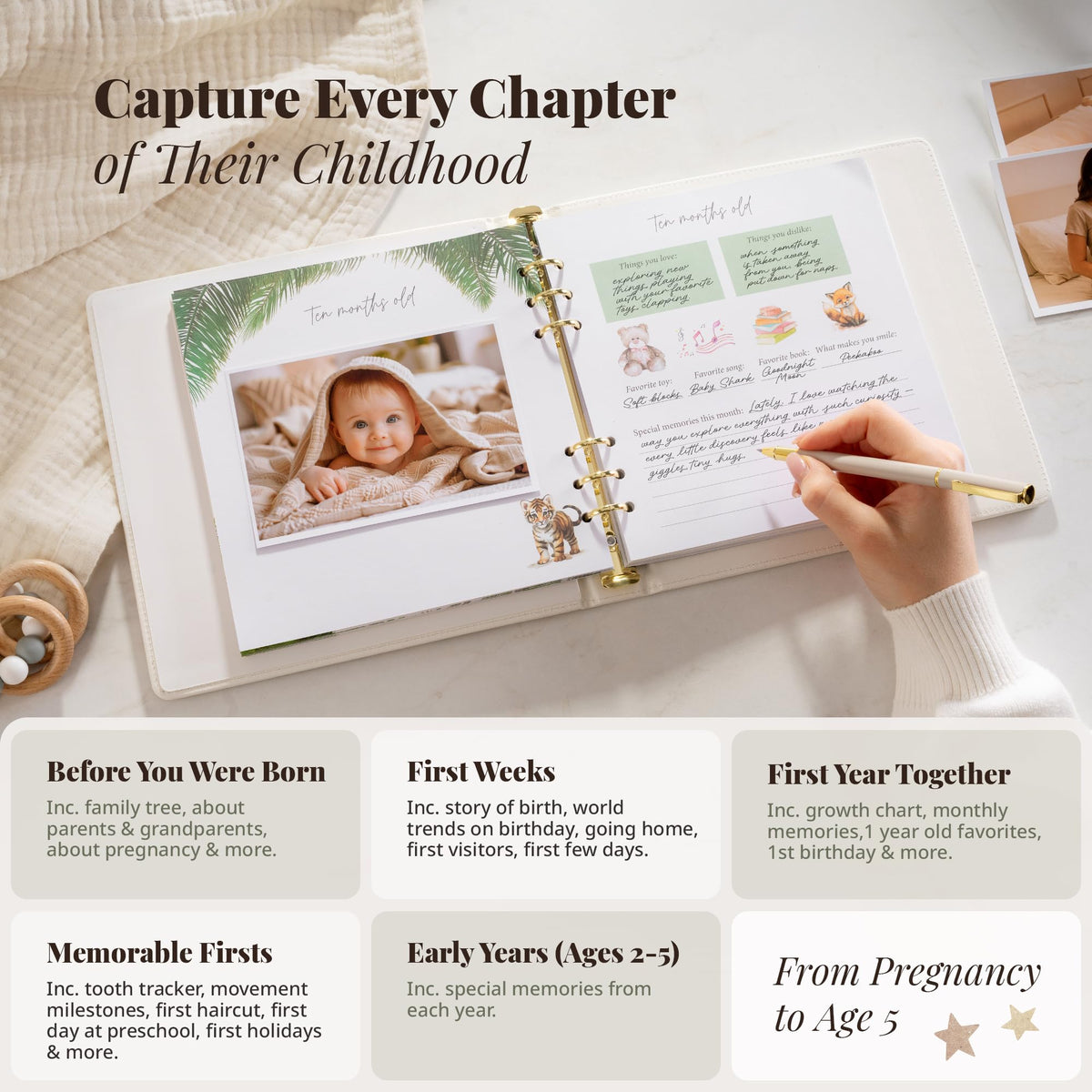 Libro de Recuerdos para Bebé Safari First 5 Year Faux Leather Neutral para Niño o Niña