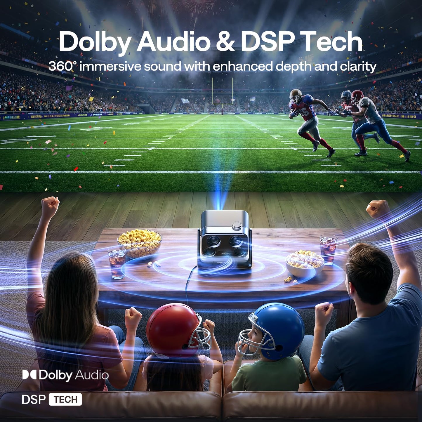 Aurzen BOOM Mini proyector inteligente para Google TV para exteriores con WiFi y Bluetooth, control de voz, modo familiar, audio Dolby de 20 W, enfoque en tiempo real, proyector de película compatible