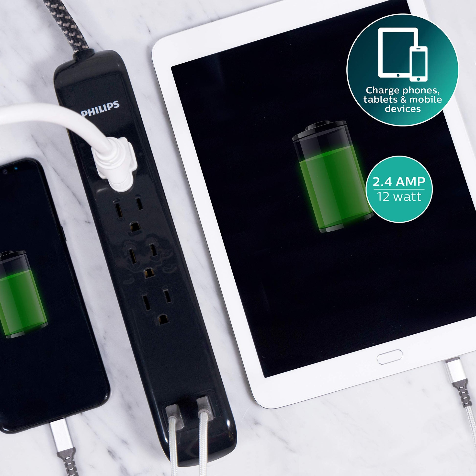 Protector de Sobretensiones PHILIPS Blanco con 4 Tomacorrientes y 2 Puertos USB