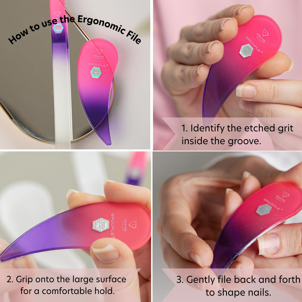 Glass Nail File Manicure Set, Comfort Grip Ergonomic Drop Ergofile for Gentle & Efficient Filing, Professional Nail Care Tools by Bona Fide Beauty Genuine Czech Glass