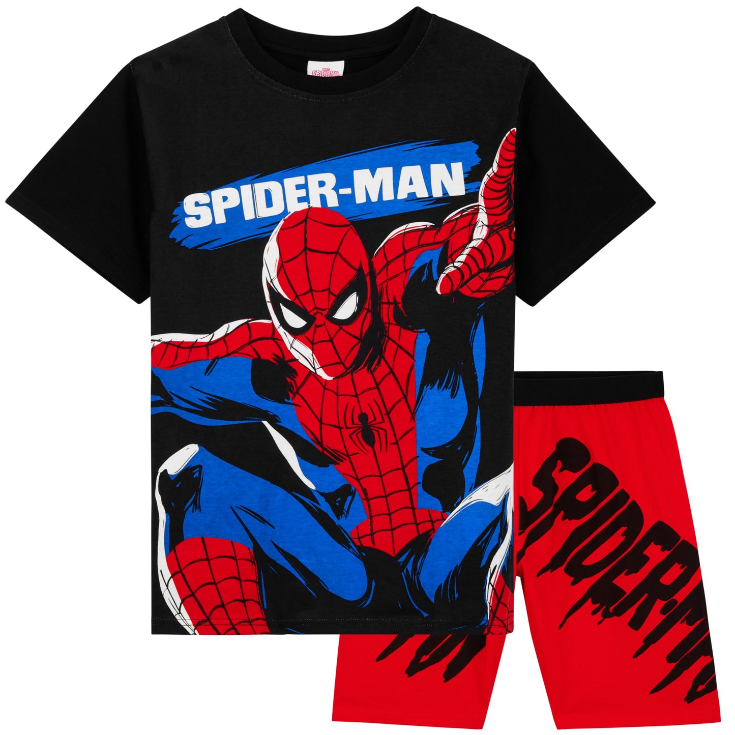 Marvel Conjunto de camiseta y pantalón corto de Spiderman para niños. Conjunto cómodo de 2 piezas para estar en casa (5-6 años, negro/rojo).