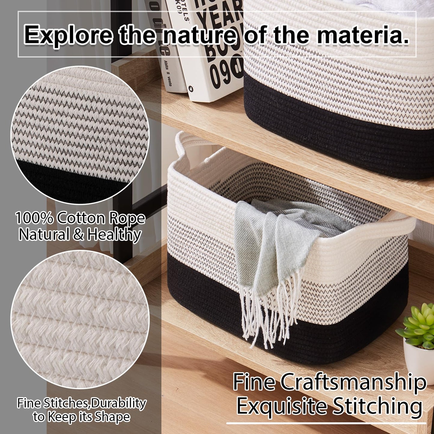 OIAHOMY Cesta de almacenamiento, cestas tejidas para almacenamiento, cesta de cuerda de algodón para juguetes, cestas de toallas para baño, paquete de 3, Degradado color negro