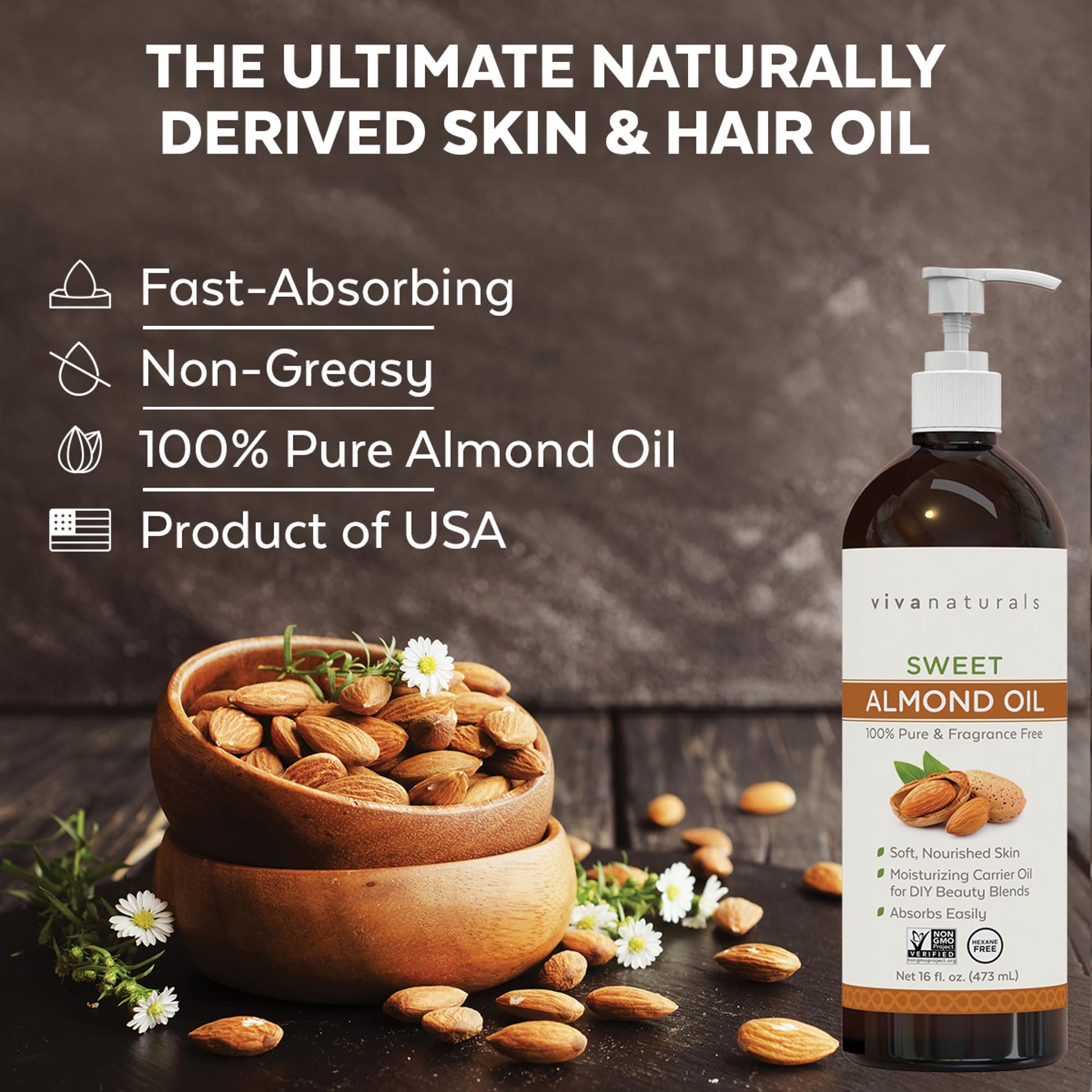Viva Naturals Sweet Almond Oil 16 fl oz, 100% Pure and Hexane Free, Ideal for Skin and Hair