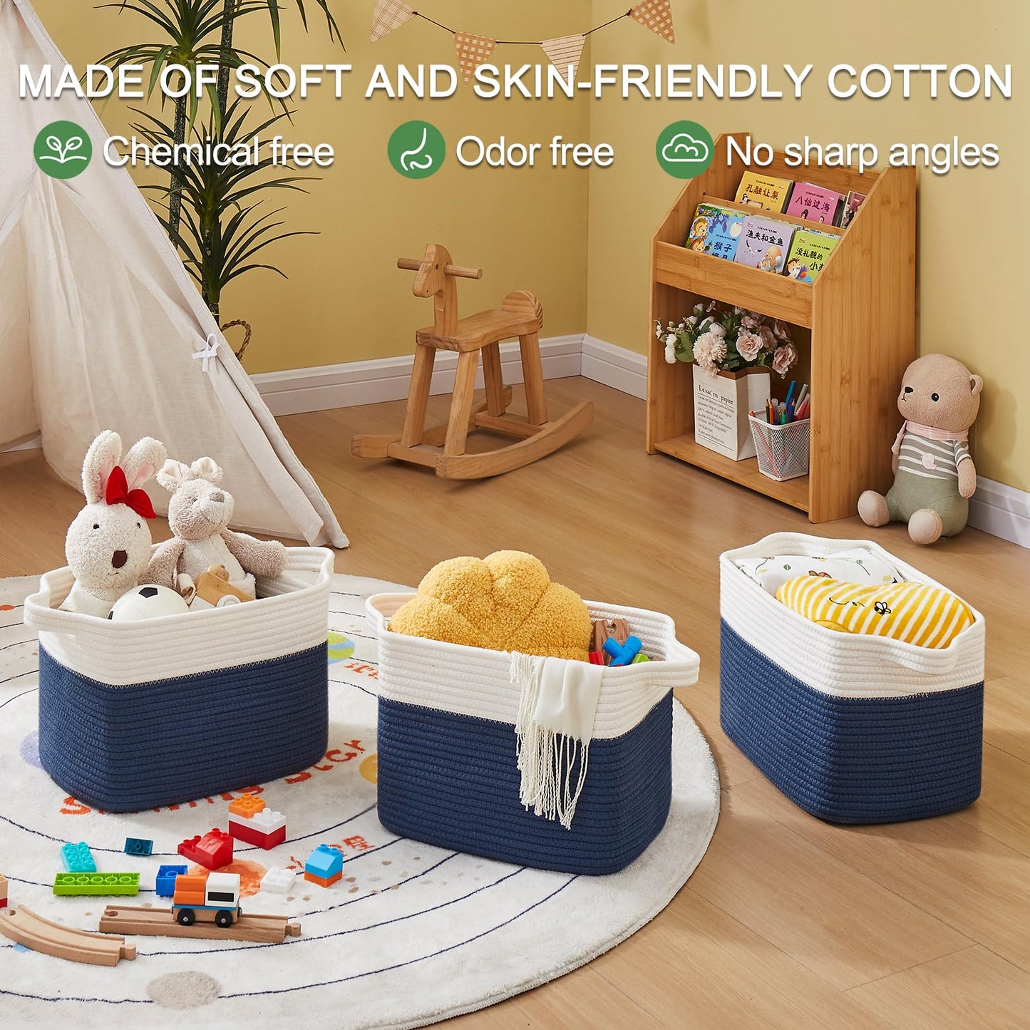 OIAHOMY Cesta de almacenamiento, cestas tejidas para almacenamiento, cesta de cuerda de algodón para juguetes, cestas de toalla para baño, paquete de 3, blanco y azul