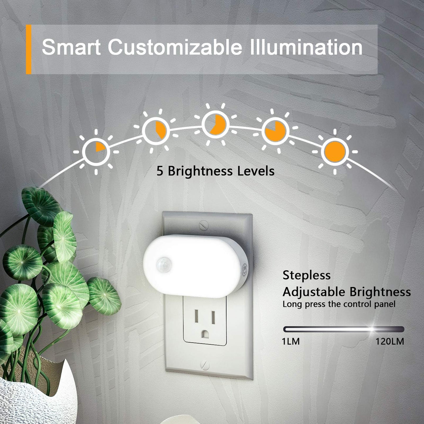 Lyridz - Luz nocturna enchufable con sensor de movimiento, 120 lm, luz nocturna LED inteligente, luz blanca fría con brillo ajustable continuo para baño, recámara, cocina, escaleras, pasillo, paquete