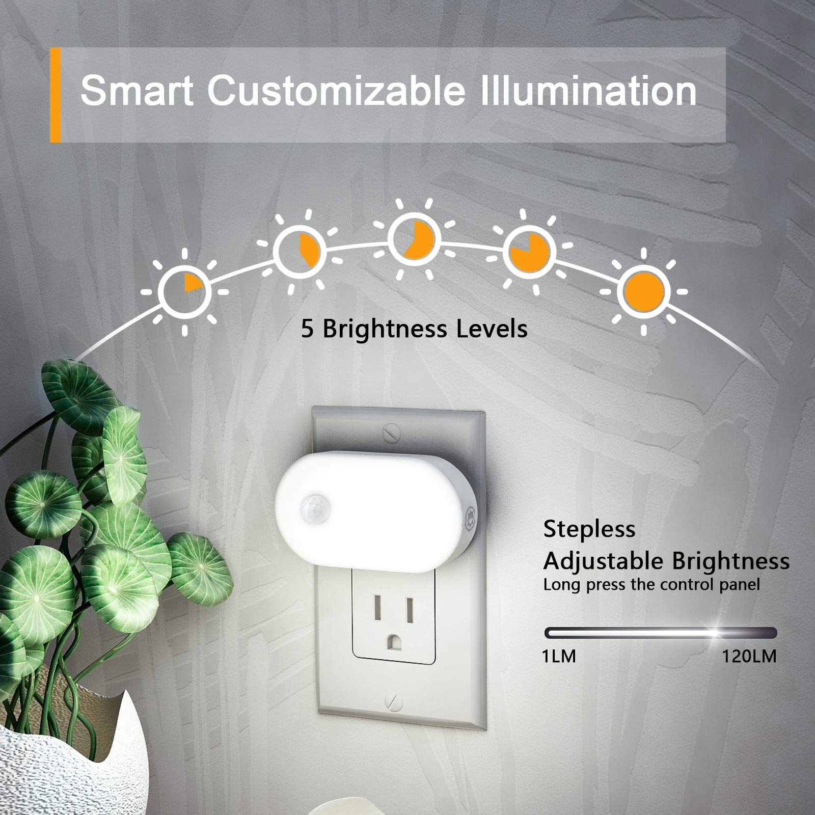 Lyridz - Luz nocturna enchufable con sensor de movimiento, 120 lm, luz nocturna LED inteligente, luz blanca fría con brillo ajustable continuo para baño, recámara, cocina, escaleras, pasillo, paquete