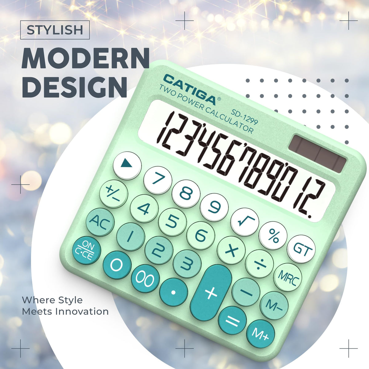 Calculadora CATIGA Mecánica Solar y Batería Pantalla LCD 12 Dígitos Botón Grande Atractiva y Estética