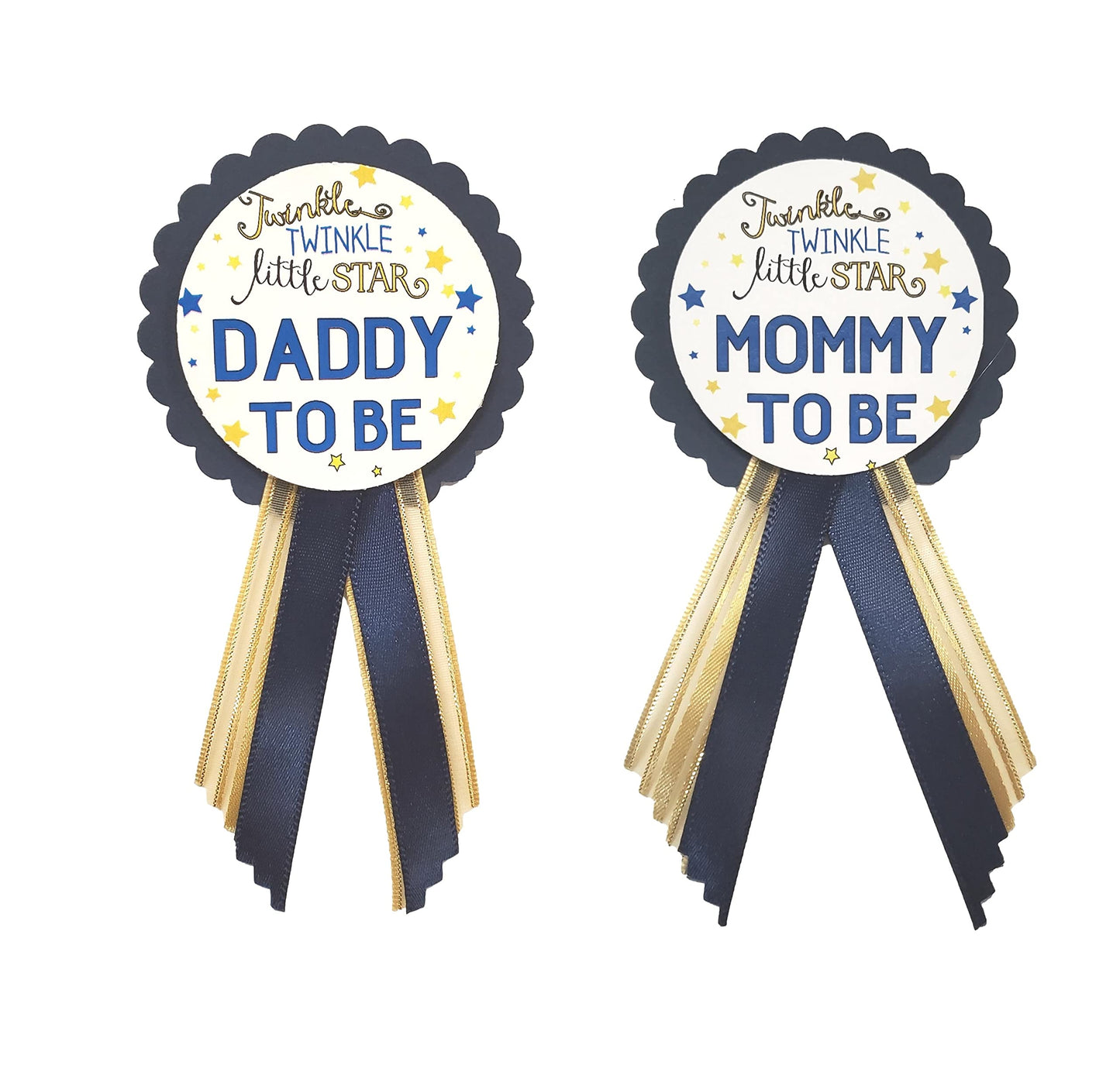 Mommy to Be & Daddy to Be Pin Twinkle Little Star Baby Shower Pin para que los padres usen, azul marino y dorado, It's a Girl, It's a Boy Baby Sprinkle, Una talla, Cartulina cartulina cintas de satén