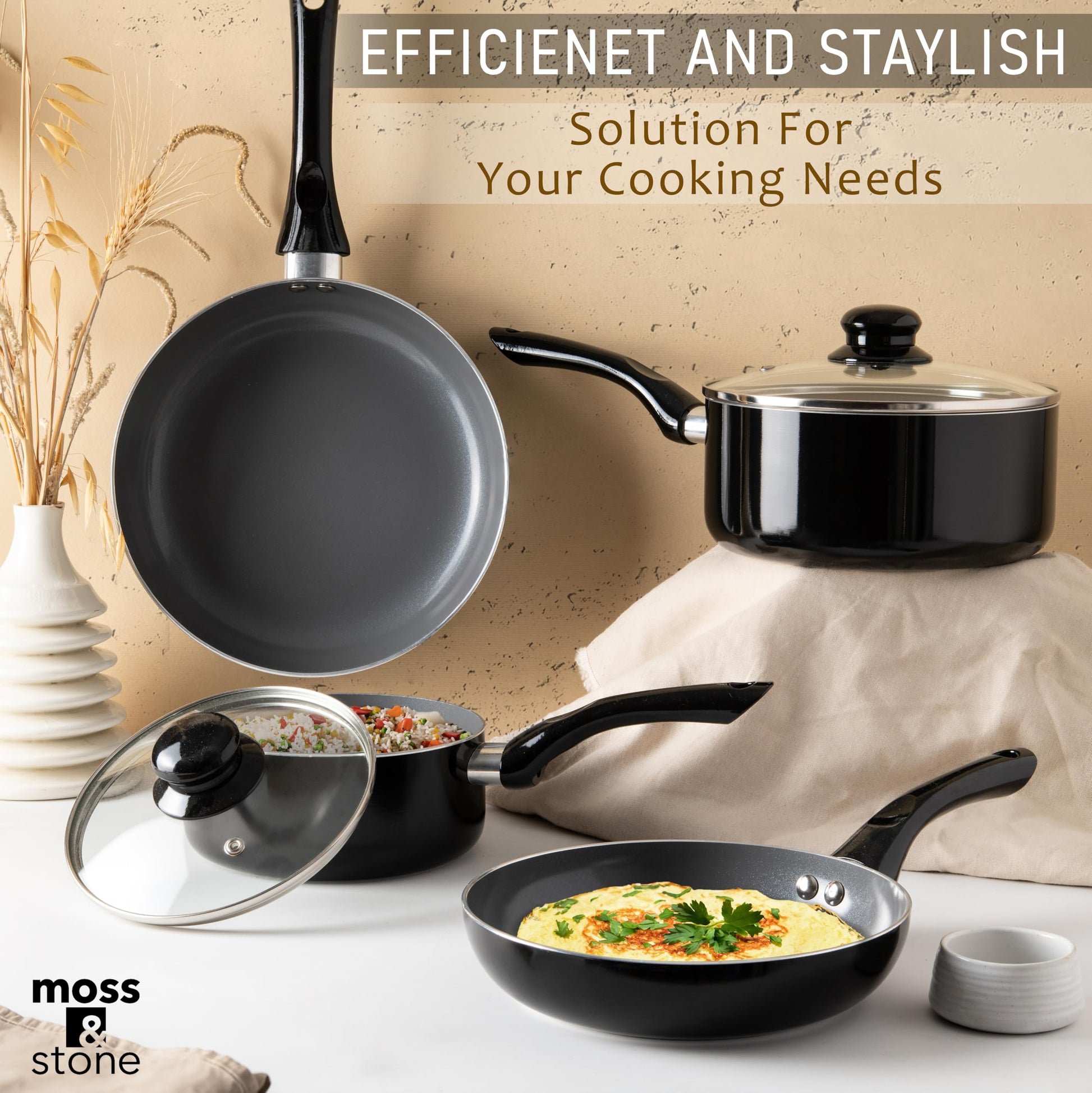 Juego de Utensilios de Cocina Moss & Stone Antiadherentes con Tapa de Vidrio y Mango Fresco