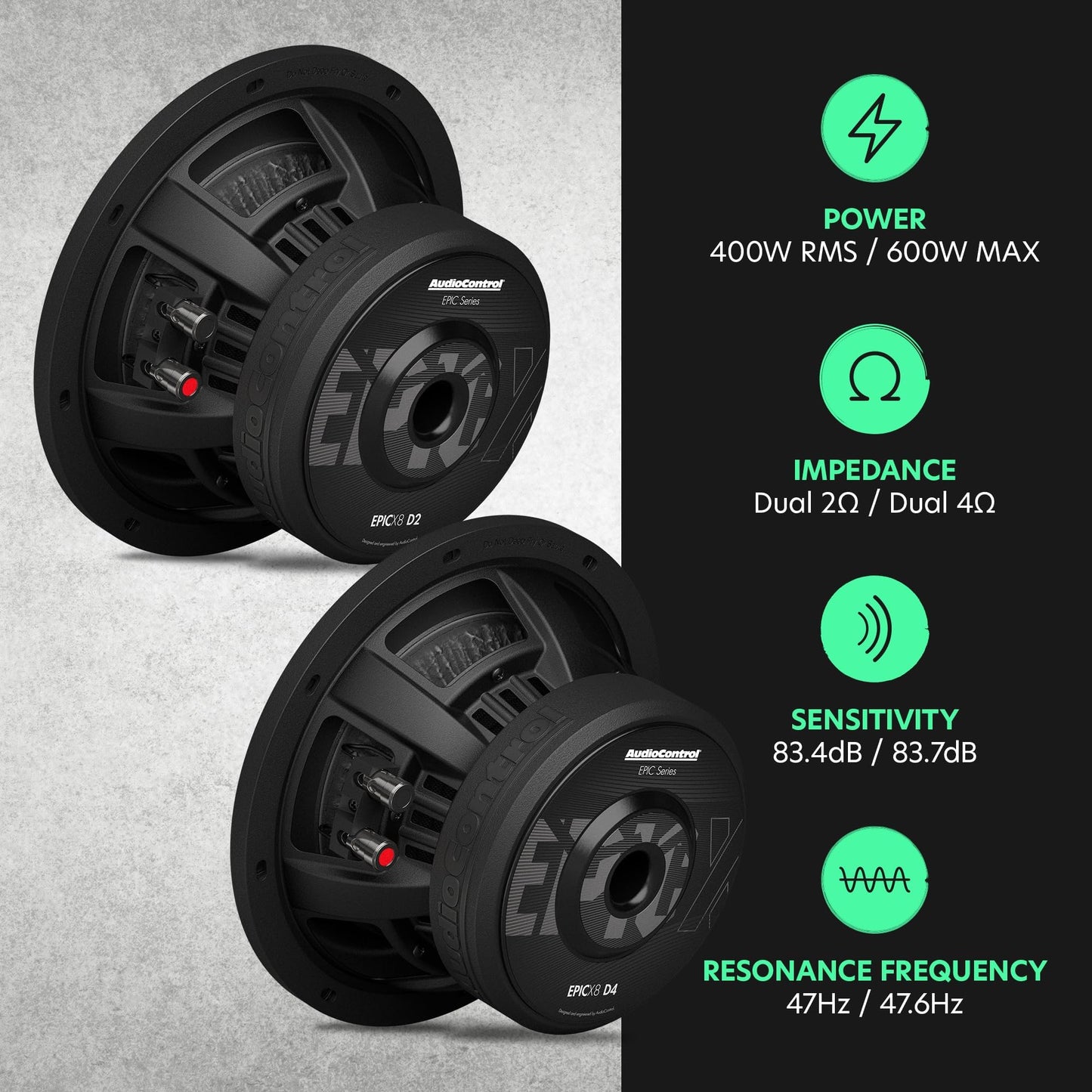 AudioControl EPICX Series - Altavoz de subwoofer para coche de 8 pulgadas, potencia máxima de 600 W (400 W RMS), bobinas de voz duales de 2 ohmios, subwoofer Loud Pro StreetBass para sistema de audio