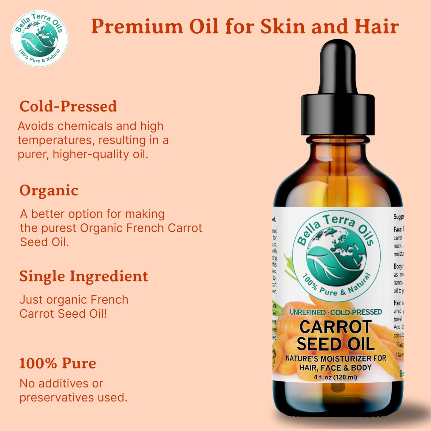 Carrot Seed Carrier Oil 2 oz 100% Pure Cold-pressed Unrefined Organic - Bella Terra Oils
