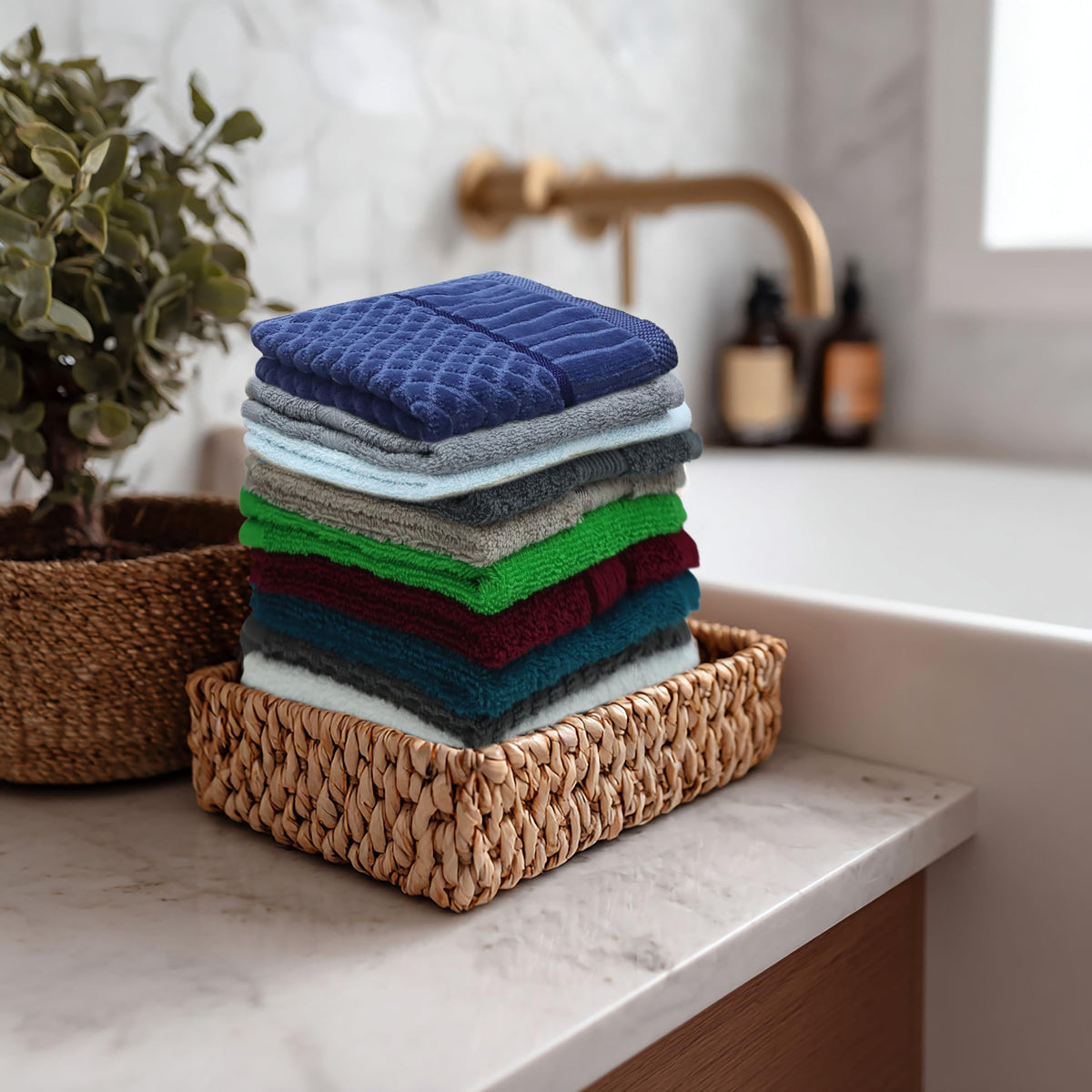 Cotton CRAFT - Paquete de 24 paños – 100% algodón – Toallas faciales de 12 x 12 pulgadas, suaves absorbentes, varios colores para baño, cara, gimnasio, spa, viajes