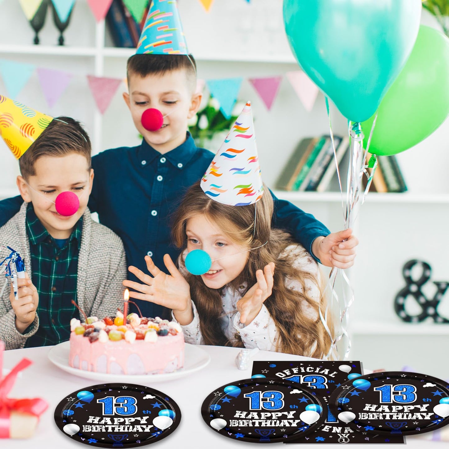 DURYGEN - Juego de 40 piezas de decoraciones de 13 cumpleaños para niños, platos y servilletas desechables de 13 cumpleaños, color azul, suministros de fiesta de 13 cumpleaños para niños y