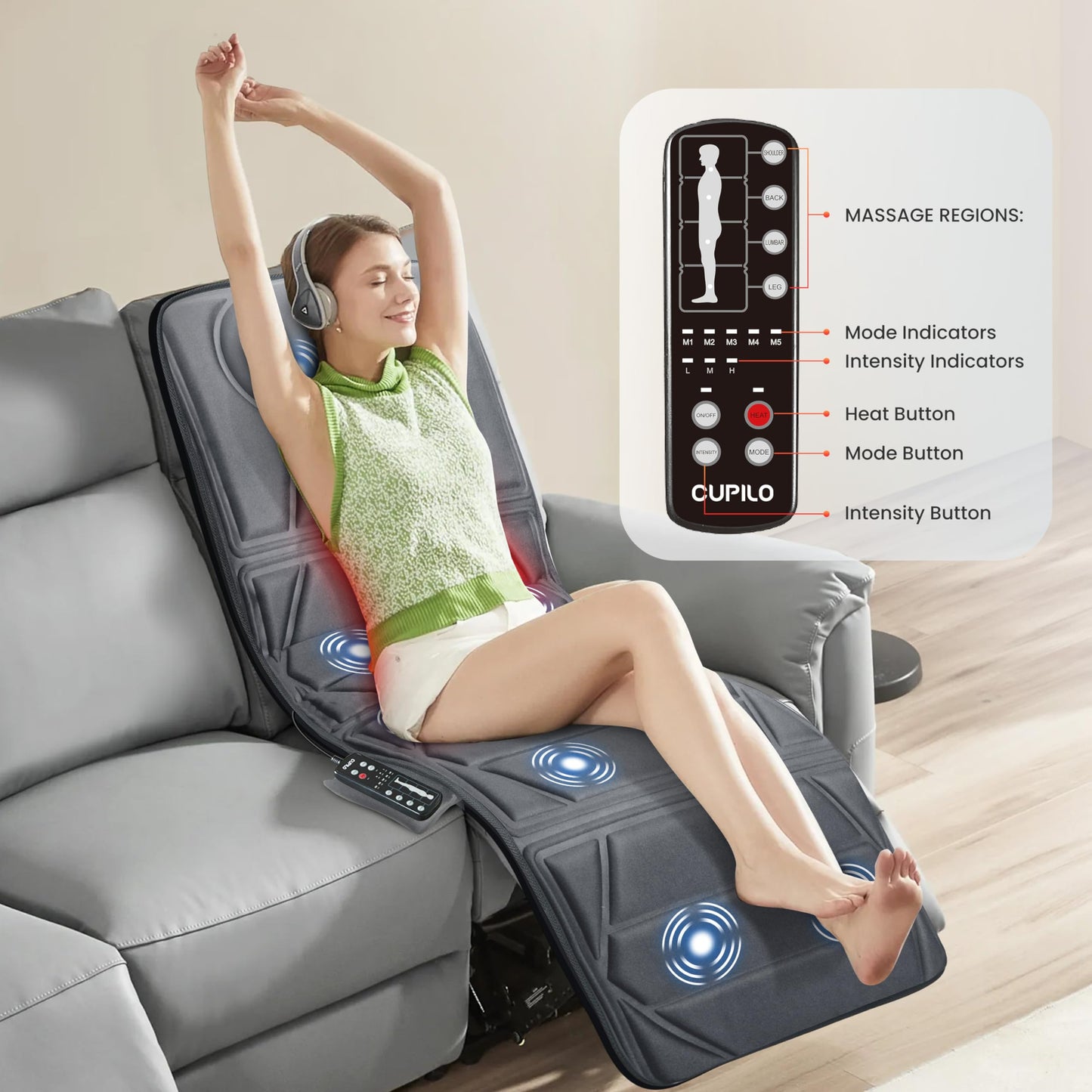 CuPiLo Cuplo Masajeador Pad, Tapete De Masaje Con 10 Motores Vibradores Y 5 Modos, Masajeador De Espalda Con Calor, Masajeador De Cuerpo Completo Para Espalda, Lumbar, Pierna, Regalos Para M