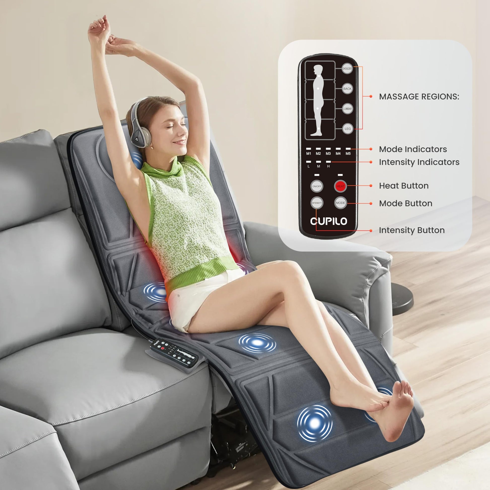 CuPiLo Cuplo Masajeador Pad, Tapete De Masaje Con 10 Motores Vibradores Y 5 Modos, Masajeador De Espalda Con Calor, Masajeador De Cuerpo Completo Para Espalda, Lumbar, Pierna, Regalos Para M