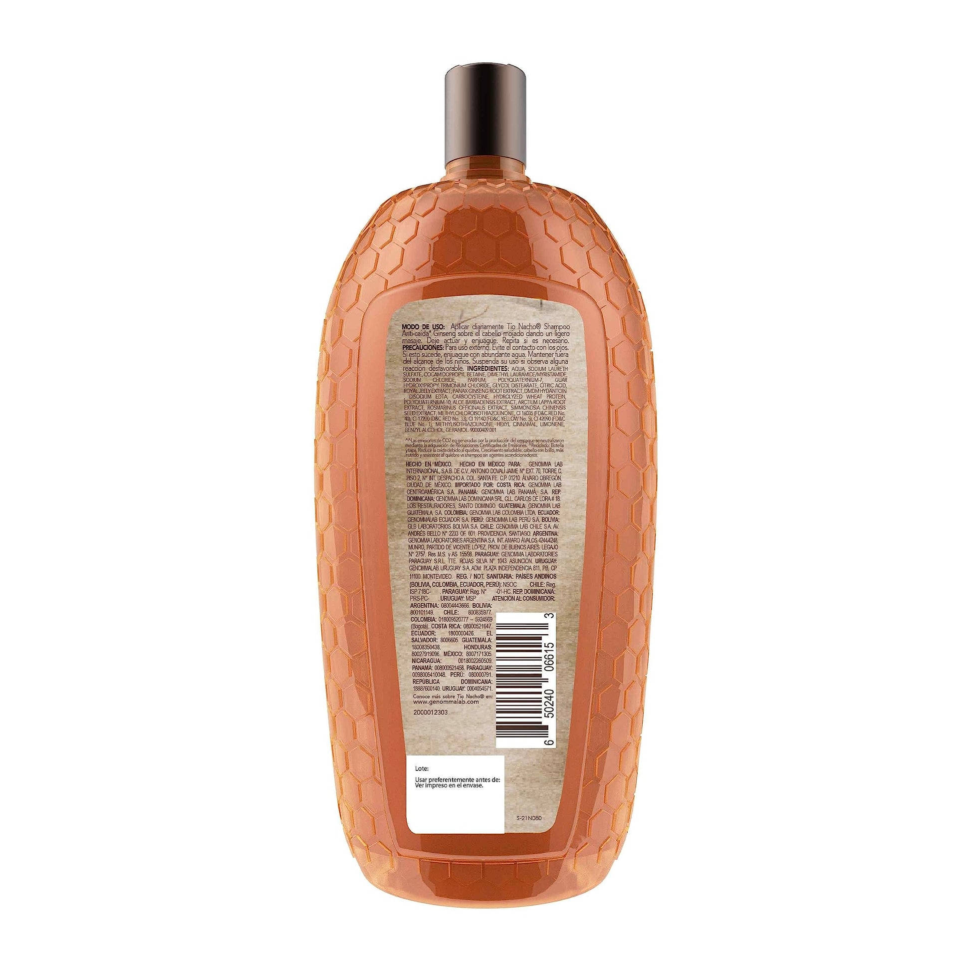 TIO NACHO - Shampoo Anti-Caída. Estimula y fortalece crecimiento saludable de la fibra capilar, con jalea real y extractos de ginseng, romero, aloe vera y jojoba. Empaque 100% reciclado, botella con 950ml