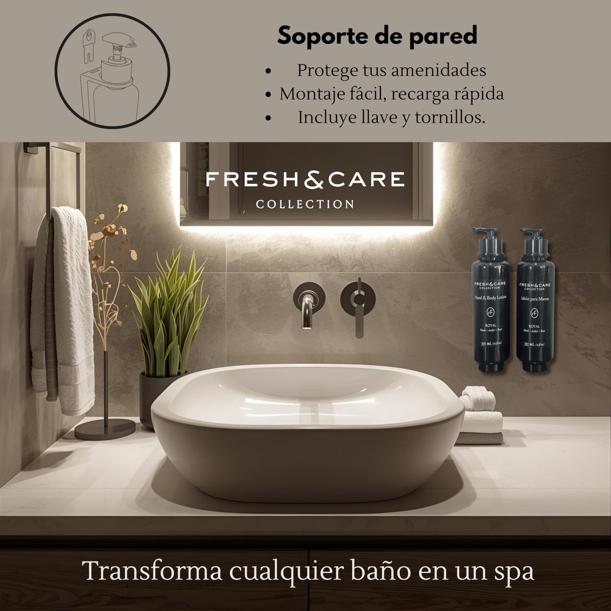 FRESH & CARE COLLECTION | Kit de Amenidades Hoteleras – Spiced Sandalwood & Tonka – Set de Jabón y Crema para Hoteles, Airbnb y Spa. 355ml