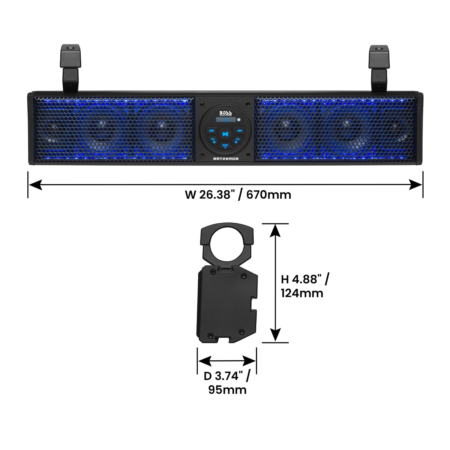 BOSS Audio Systems BRT26RGB ATV UTV Barra de Sonido – 26 Pulgadas de Ancho, Altavoces de 4 Pulgadas, tweeters de 1 Pulgada, IPX5 Resistente a la Intemperie, Bluetooth, Amplificador Incorporado,