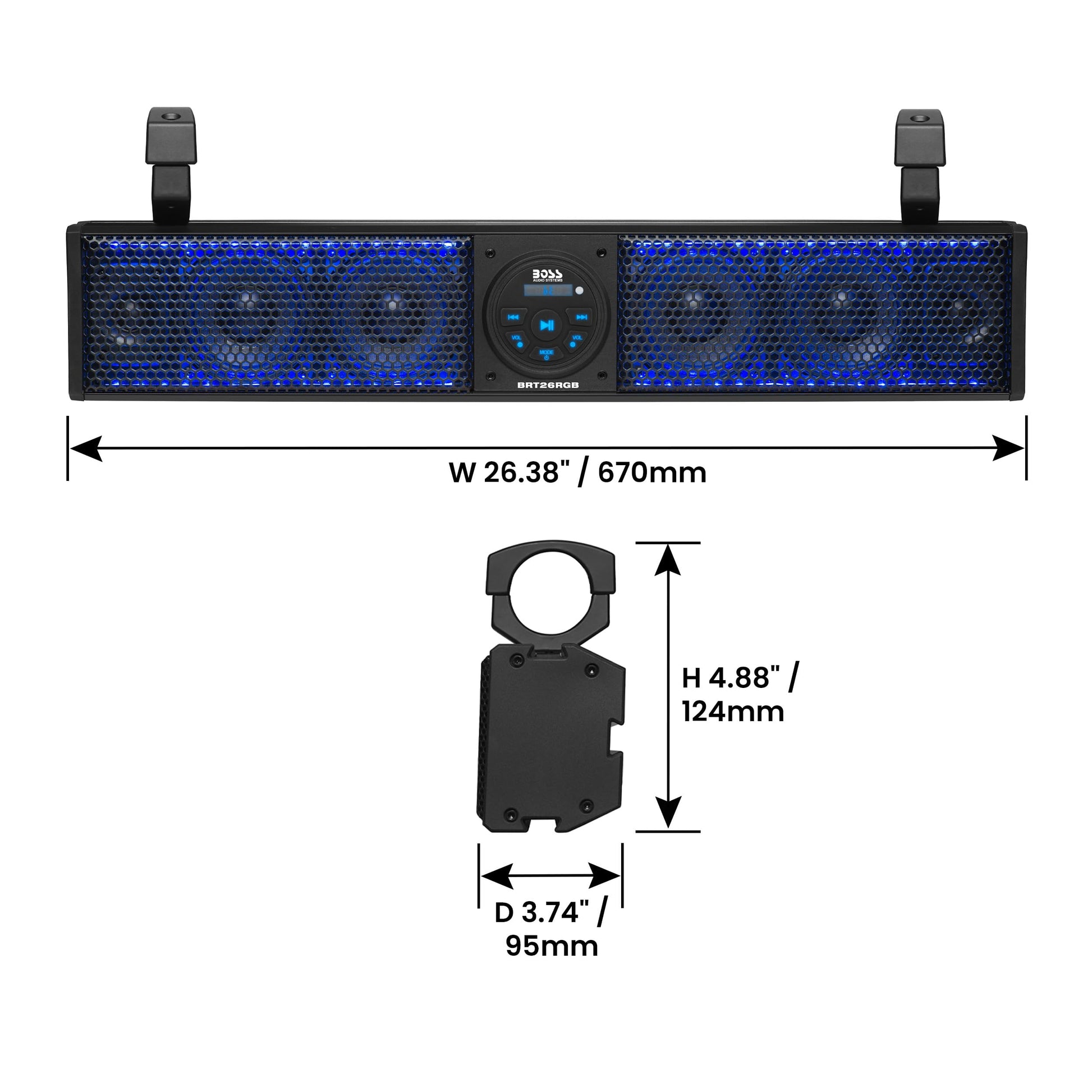BOSS Audio Systems BRT26RGB ATV UTV Barra de Sonido – 26 Pulgadas de Ancho, Altavoces de 4 Pulgadas, tweeters de 1 Pulgada, IPX5 Resistente a la Intemperie, Bluetooth, Amplificador Incorporado,