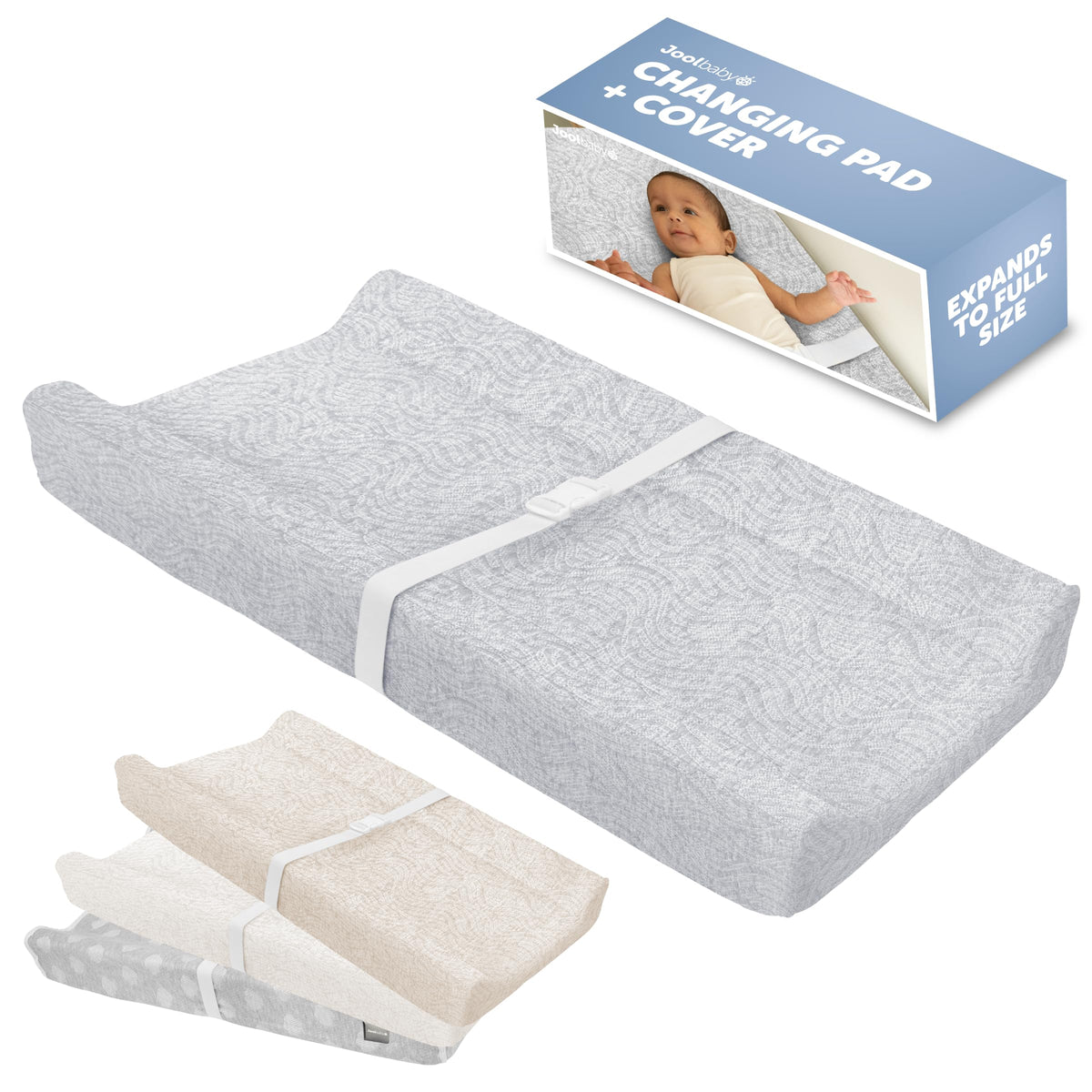 Jool Baby - Cambiador suave + funda lavable, antideslizante, se adapta a cambiadores y tocadores estándar (gris/ondulado)