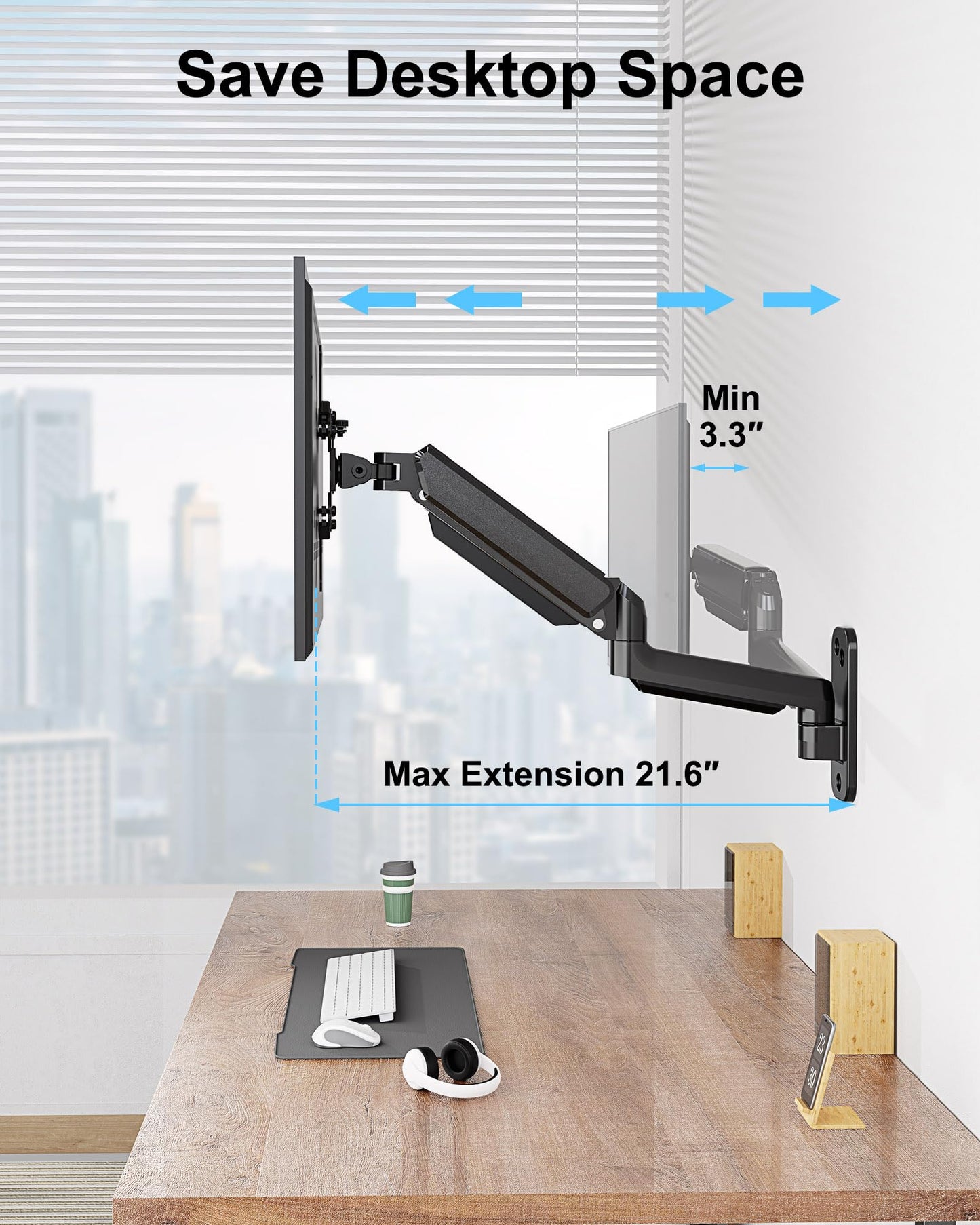 Soporte de Pared ErgoFocus Negro Ultra Ancho para Monitor de Hasta 35 Pulgadas con Brazo de Resorte de Gas